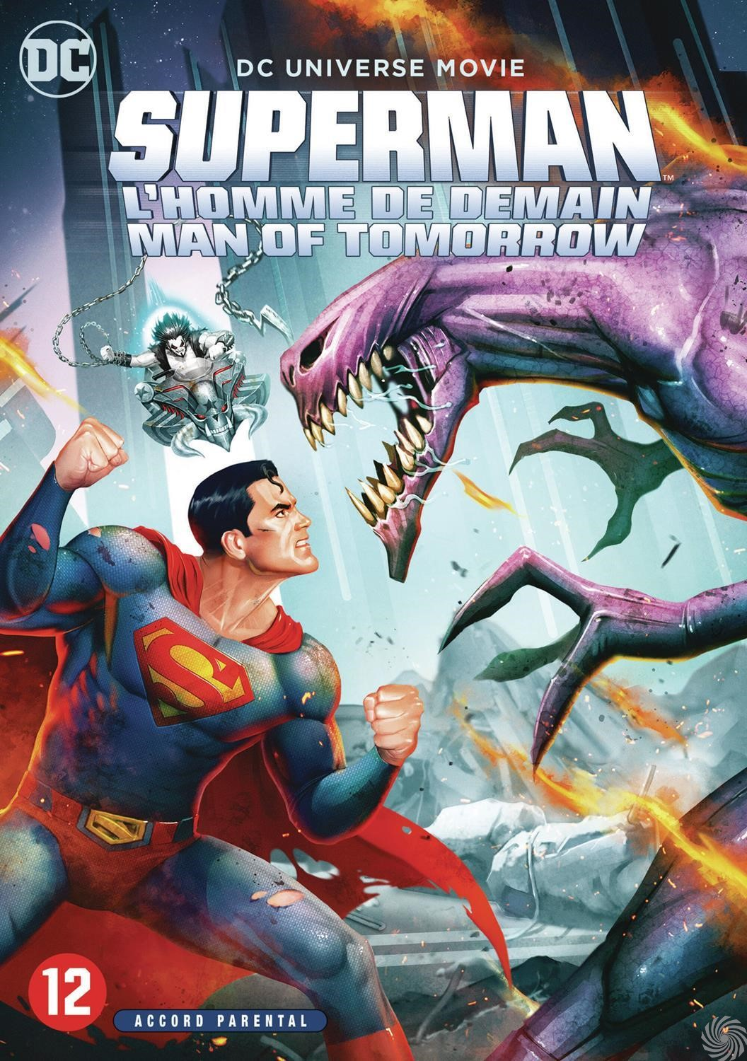 Stripboekcover van Superman die vecht tegen een paars monster. 'DC Universe Movie' staat bovenaan.
