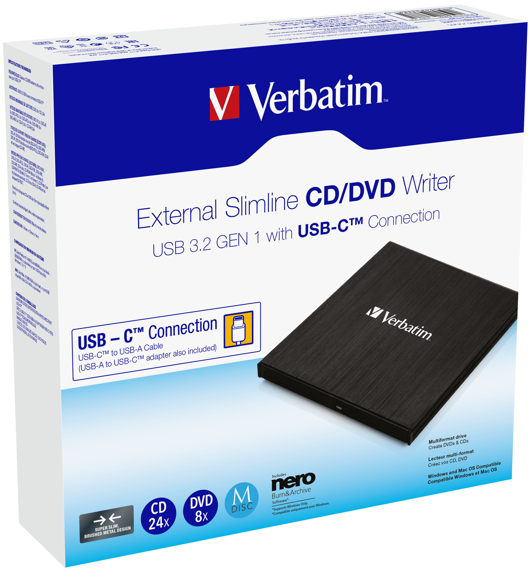 Scatola del masterizzatore CD/DVD esterno Verbatim con immagine del prodotto e marchio.