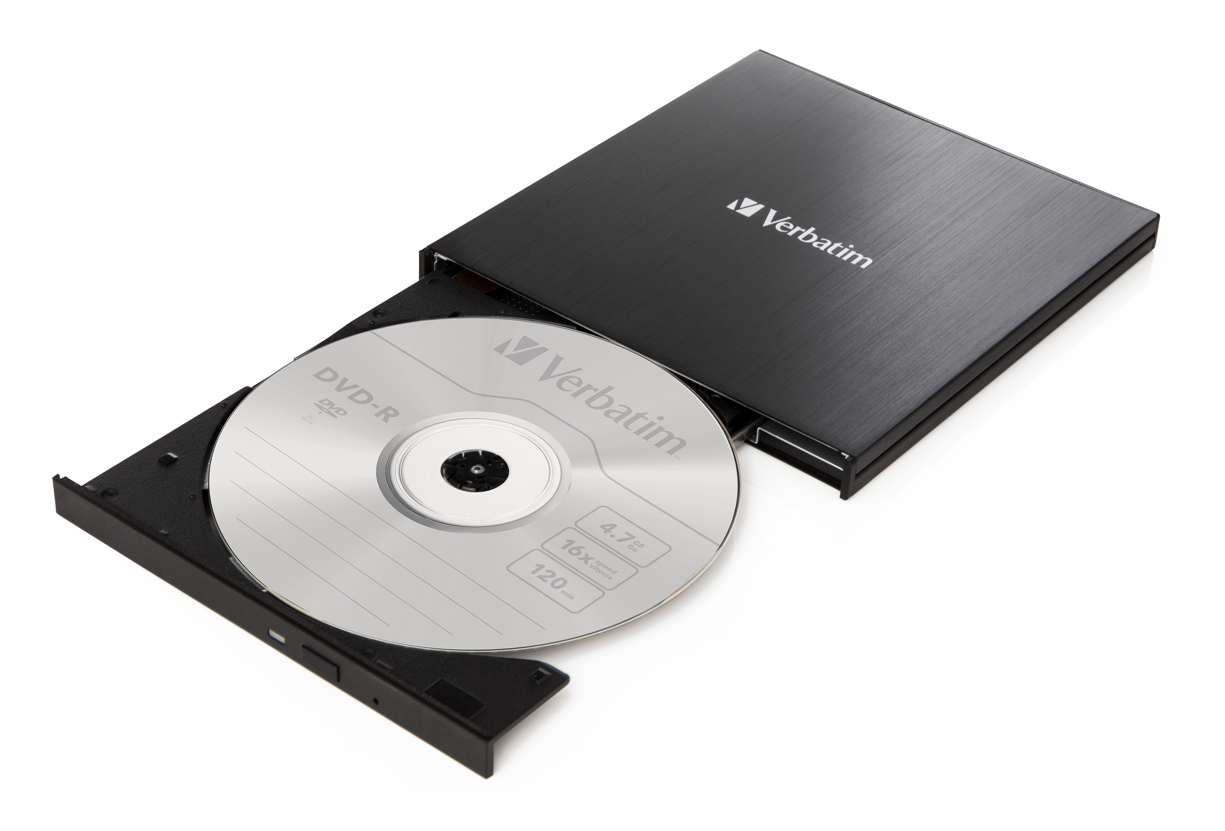 Unità DVD esterna nera aperta con disco.