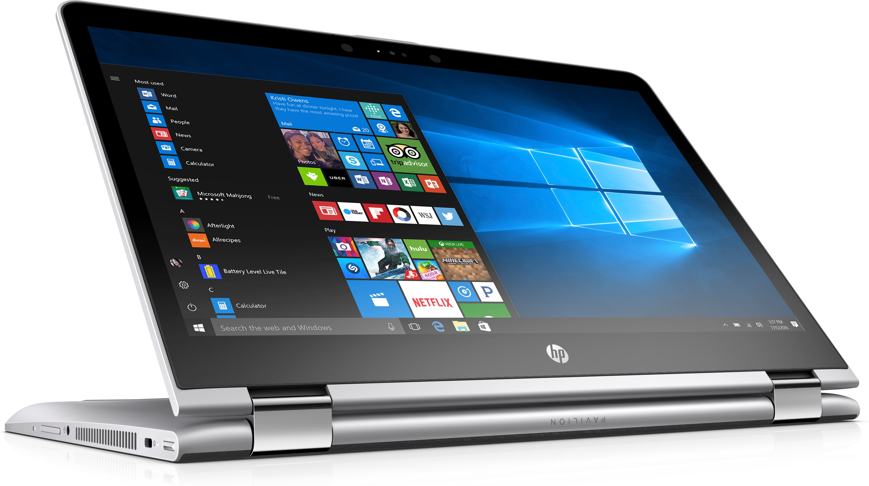Ein HP Pavilion Convertible Laptop im Zeltmodus zeigt das Windows 10 Startmenü und ein blaues Desktop-Hintergrundbild.
