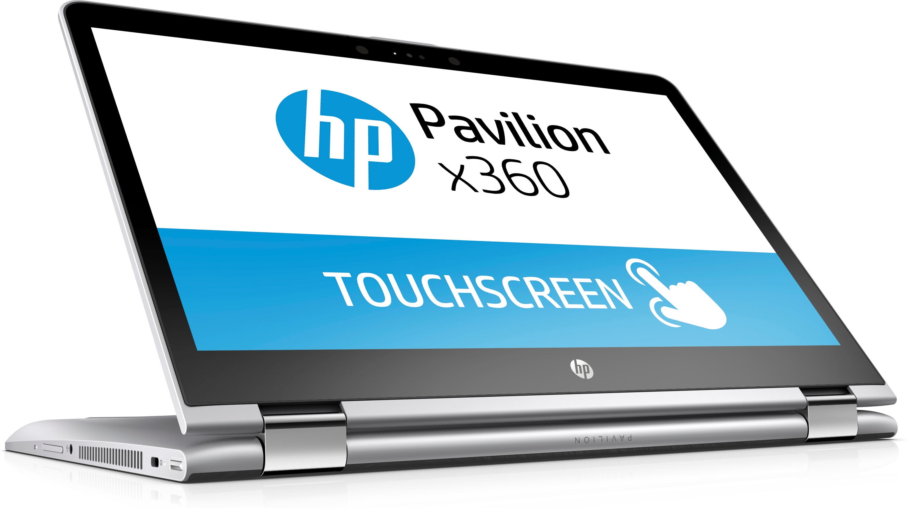 HP Pavilion x360 Laptop mit Touchscreen und weißem Hintergrund.