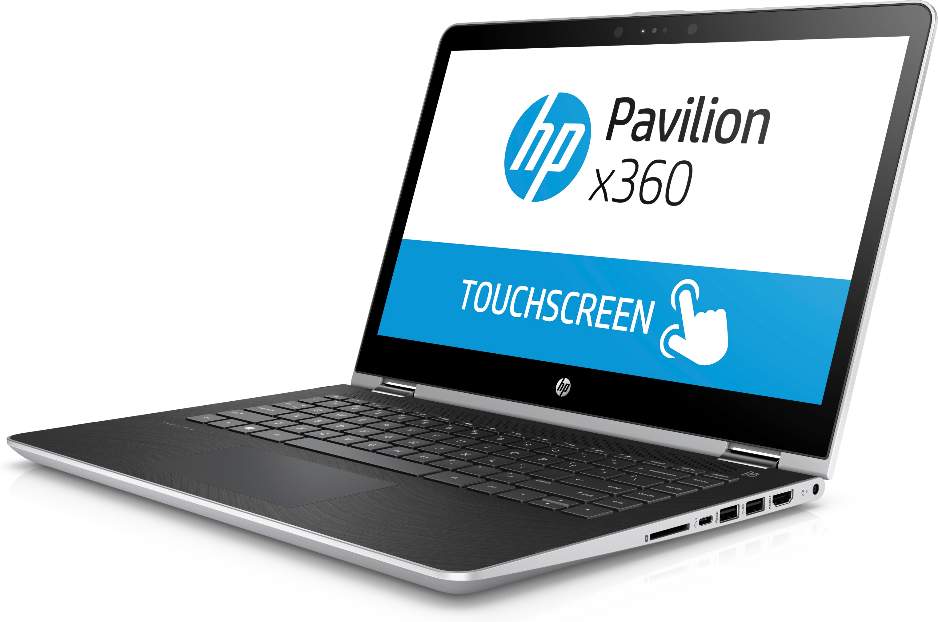 Ein silberner HP Pavilion x360 Laptop mit einem Touchscreen-Display steht auf weißem Hintergrund.
