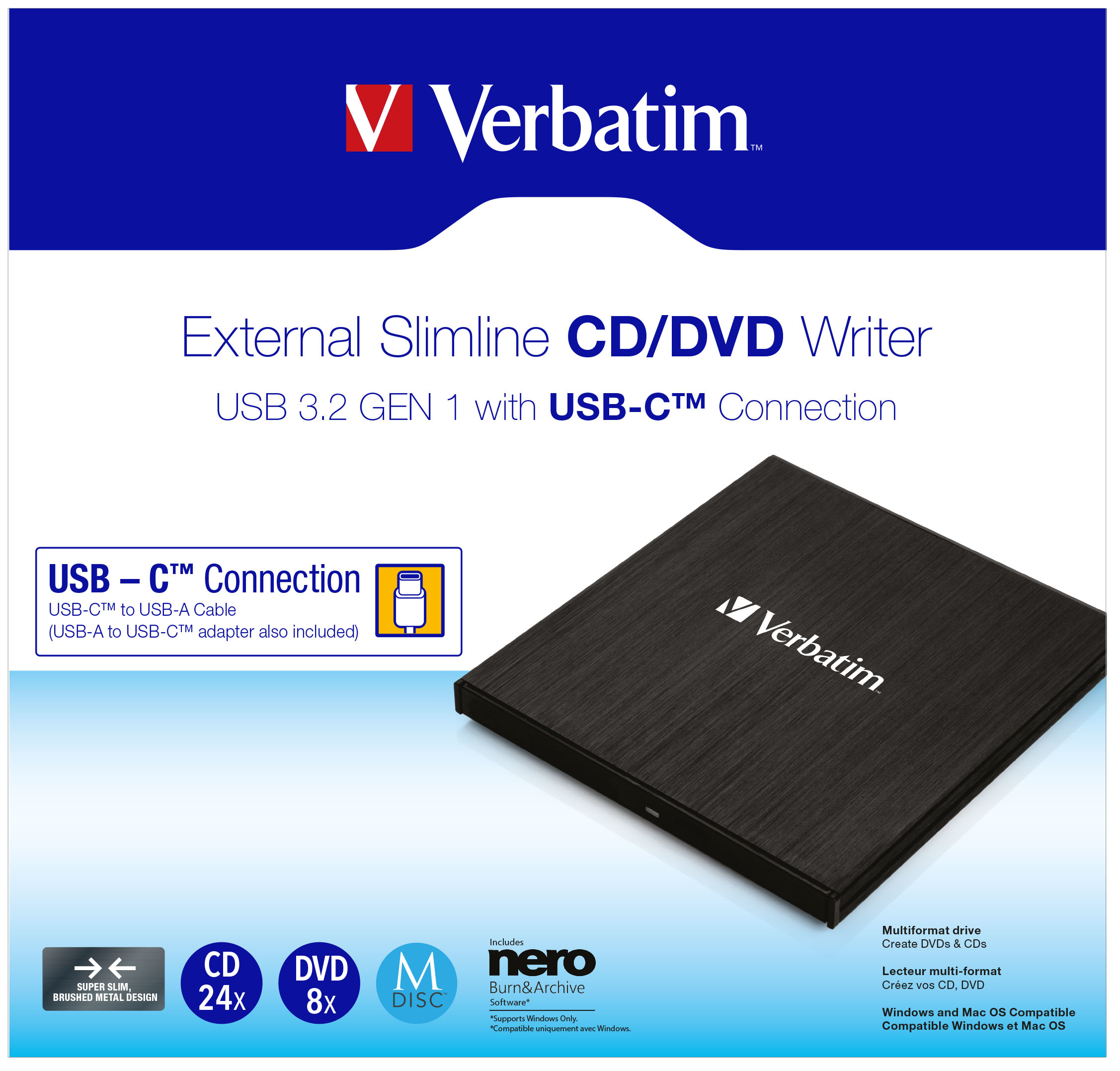 Ein schwarzer externer CD/DVD-Brenner mit einer schwarz-weißen Box.