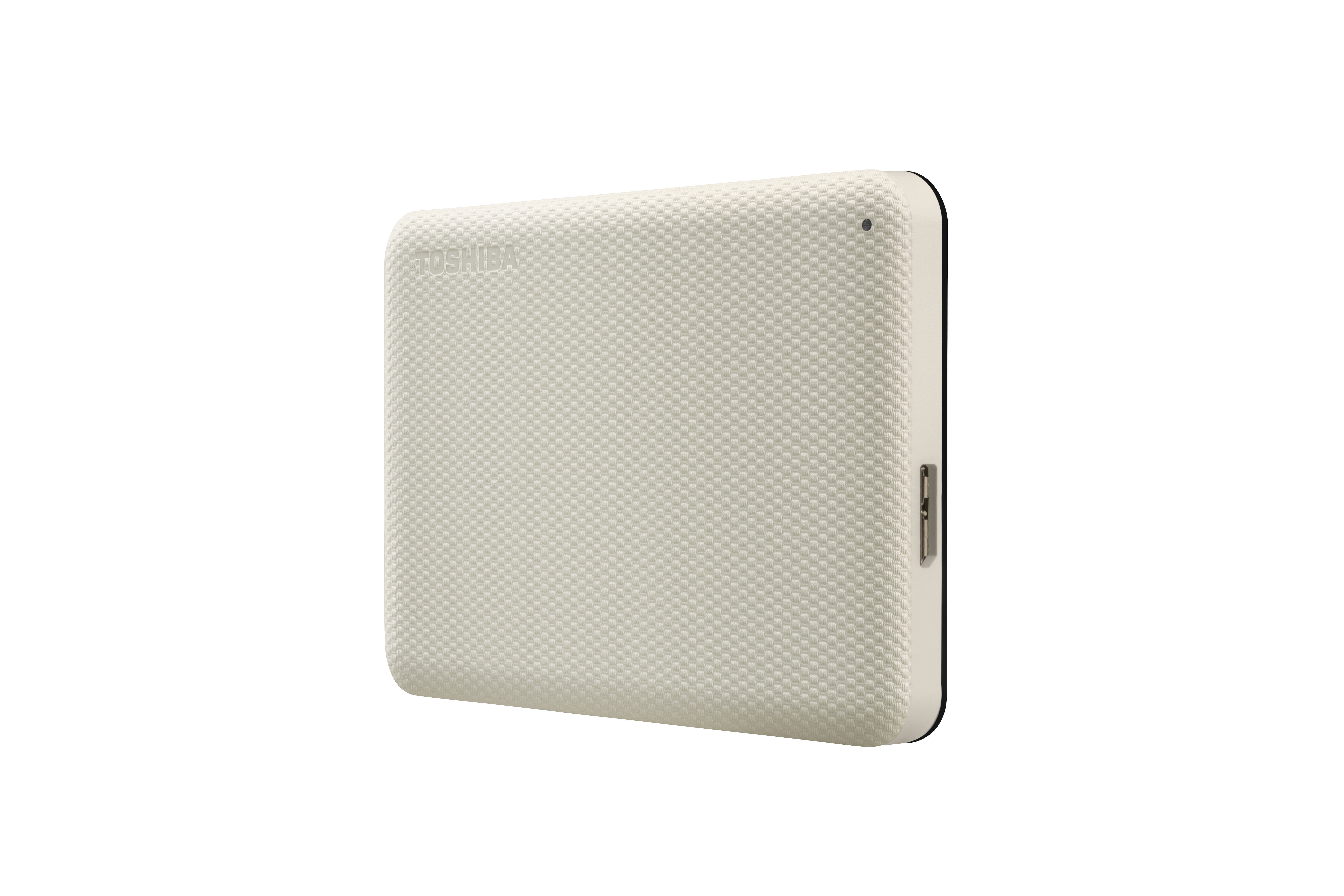 Beige externe Festplatte von Toshiba auf weißem Hintergrund.