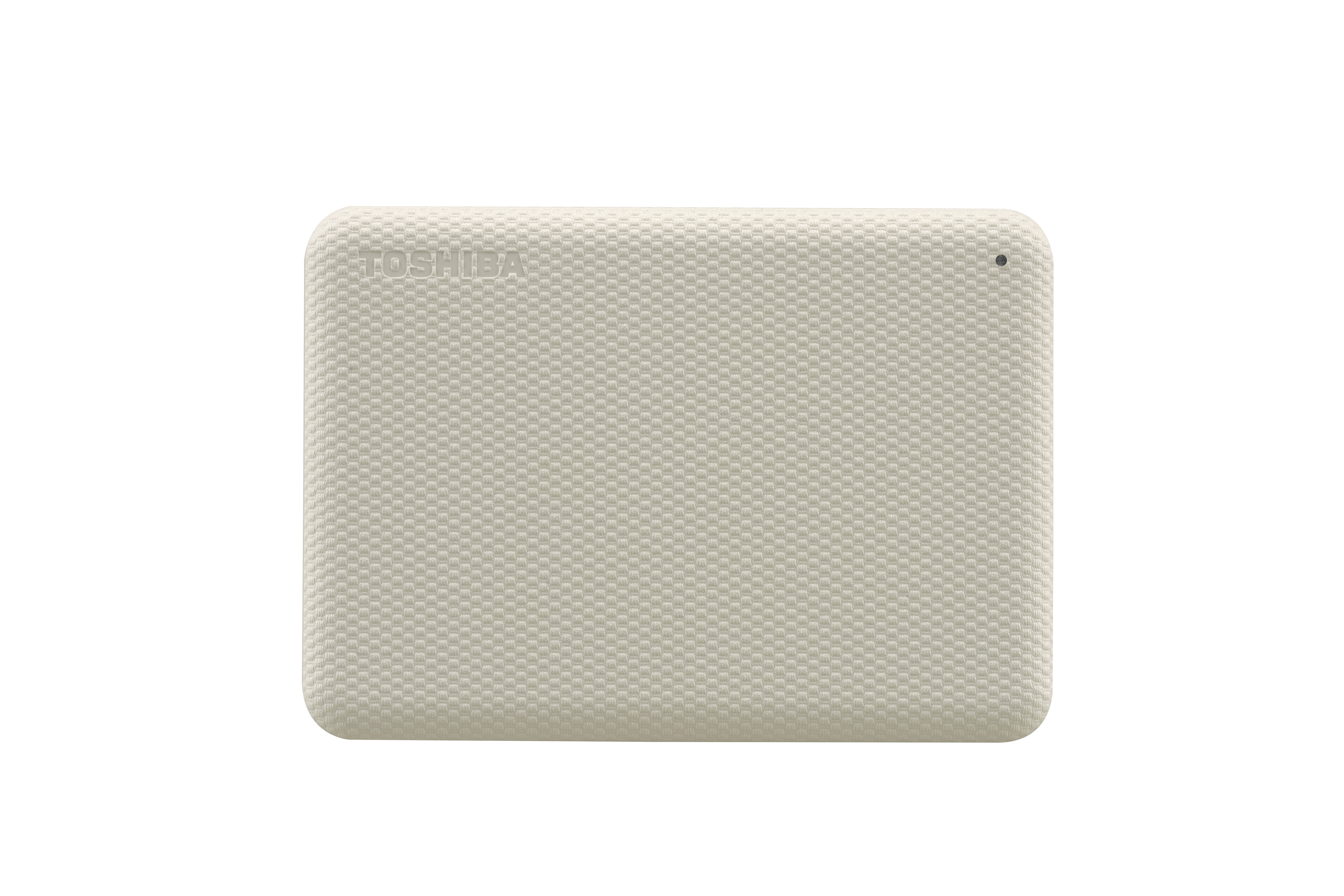 Cremefarbene externe Festplatte von Toshiba. Weißer Hintergrund.