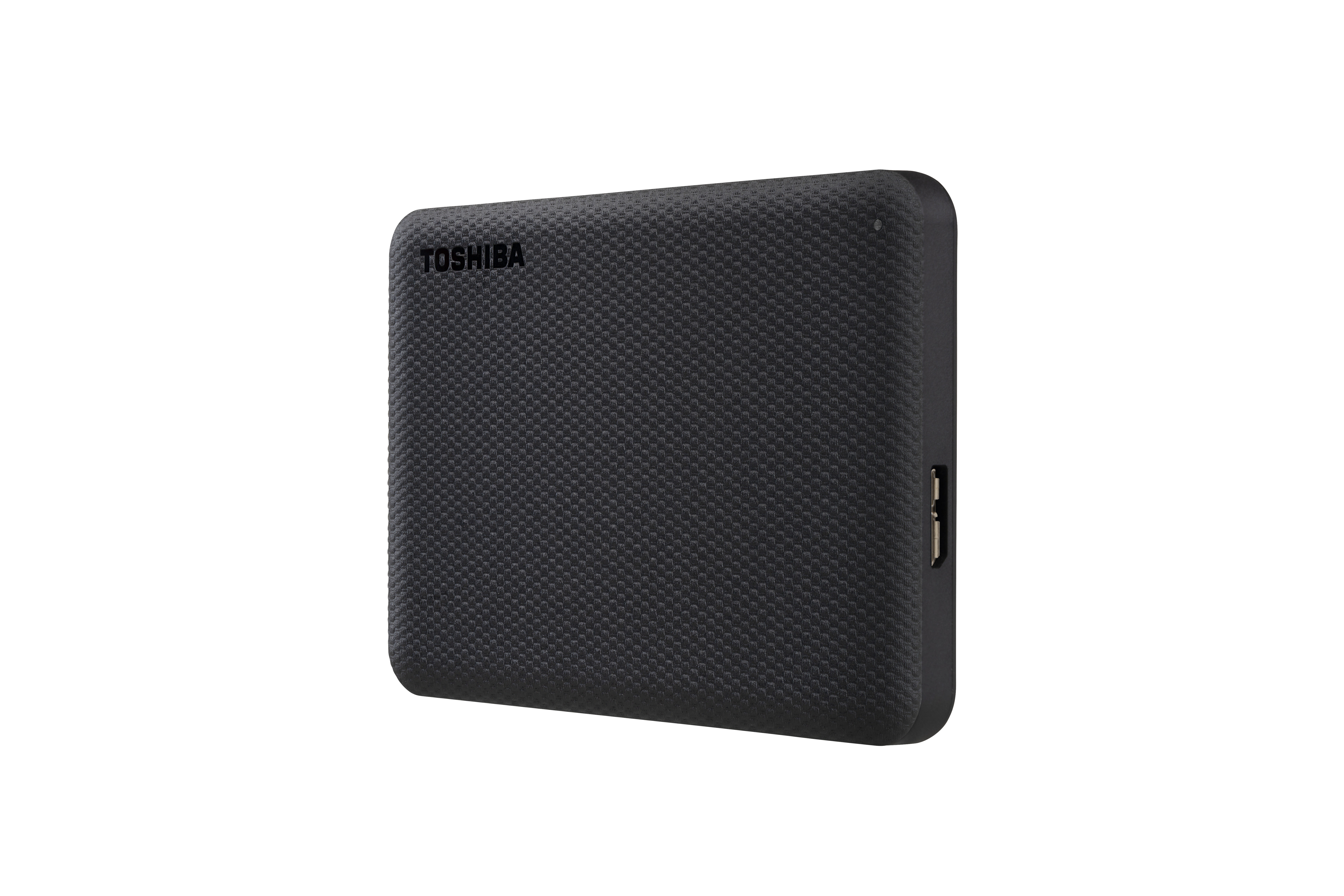 Schwarze externe Toshiba-Festplatte mit strukturierter Oberfläche. Der Markenname ist sichtbar.