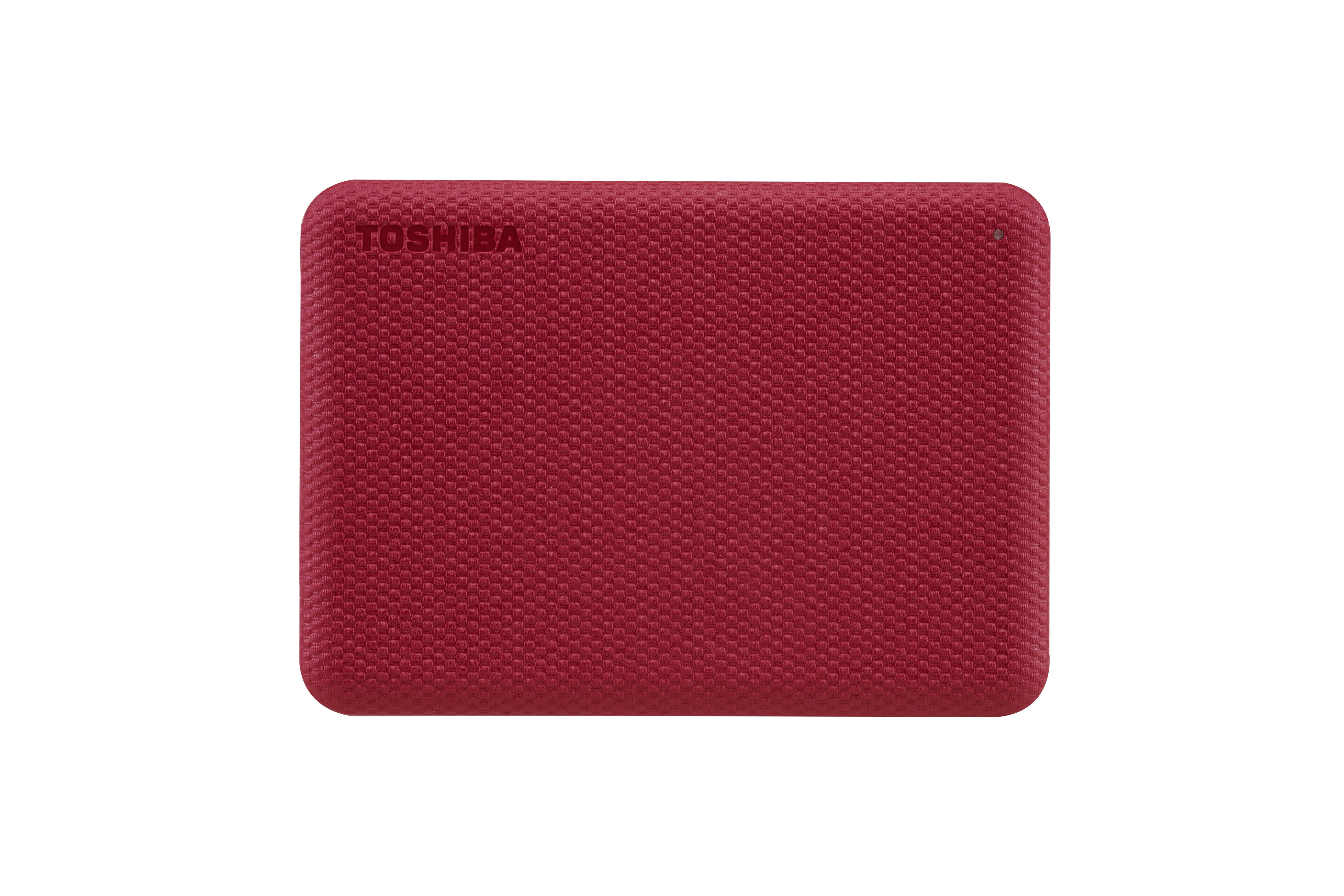 Rote, strukturierte externe Festplatte von Toshiba. Das Toshiba-Logo ist sichtbar.