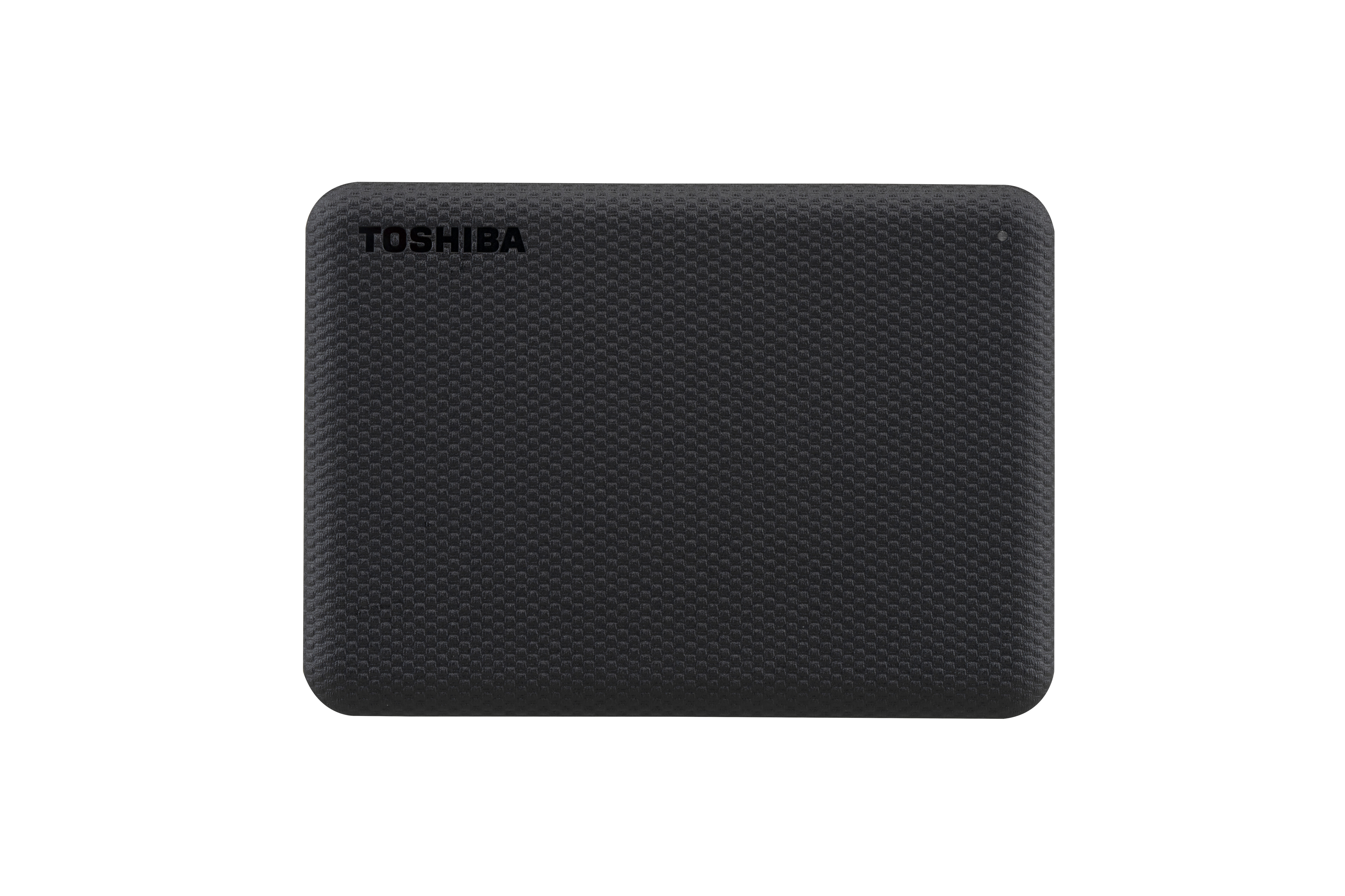 Eine schwarze externe Festplatte von Toshiba mit strukturierter Oberfläche.