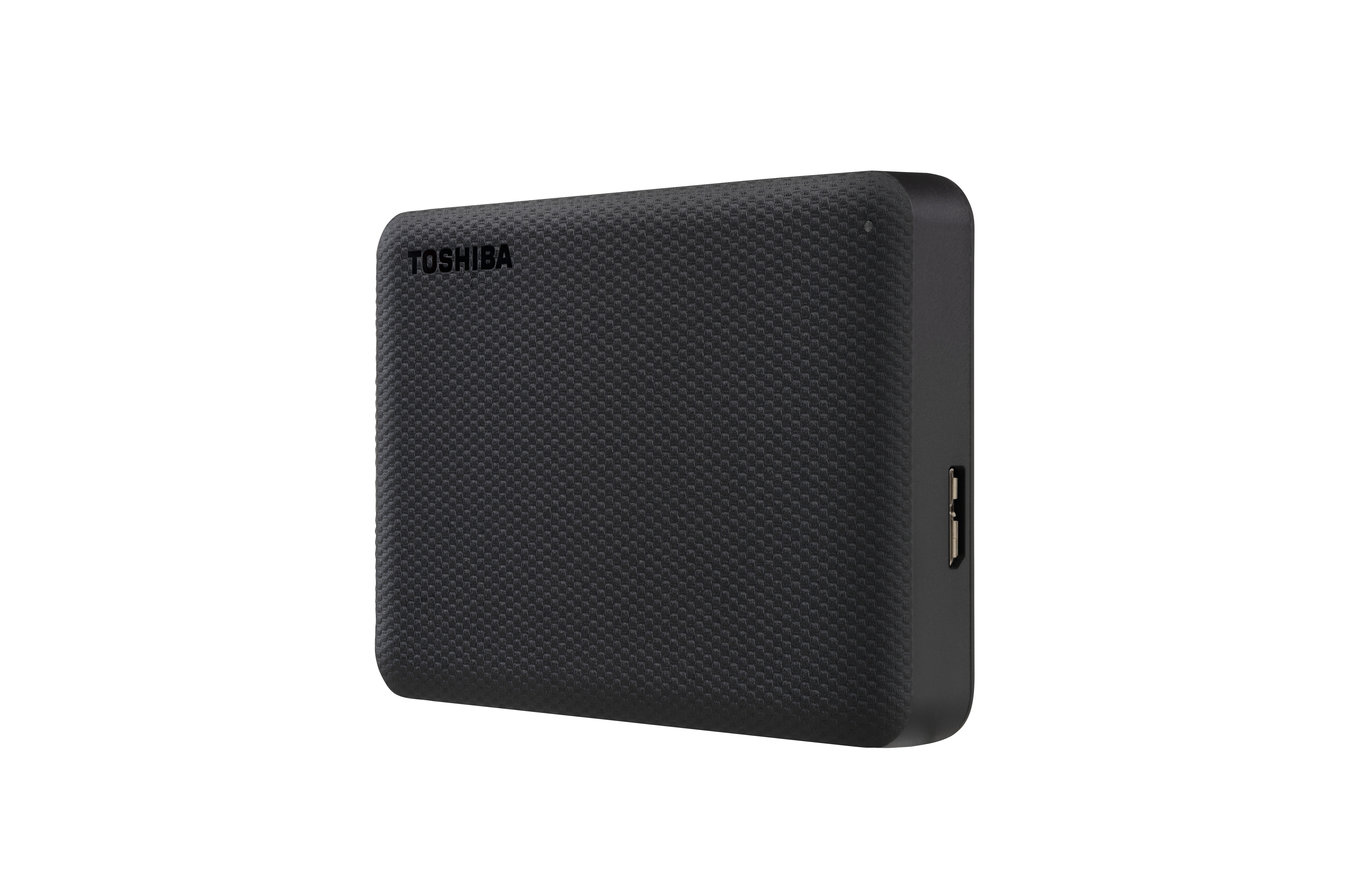Eine schwarze externe Festplatte von Toshiba.