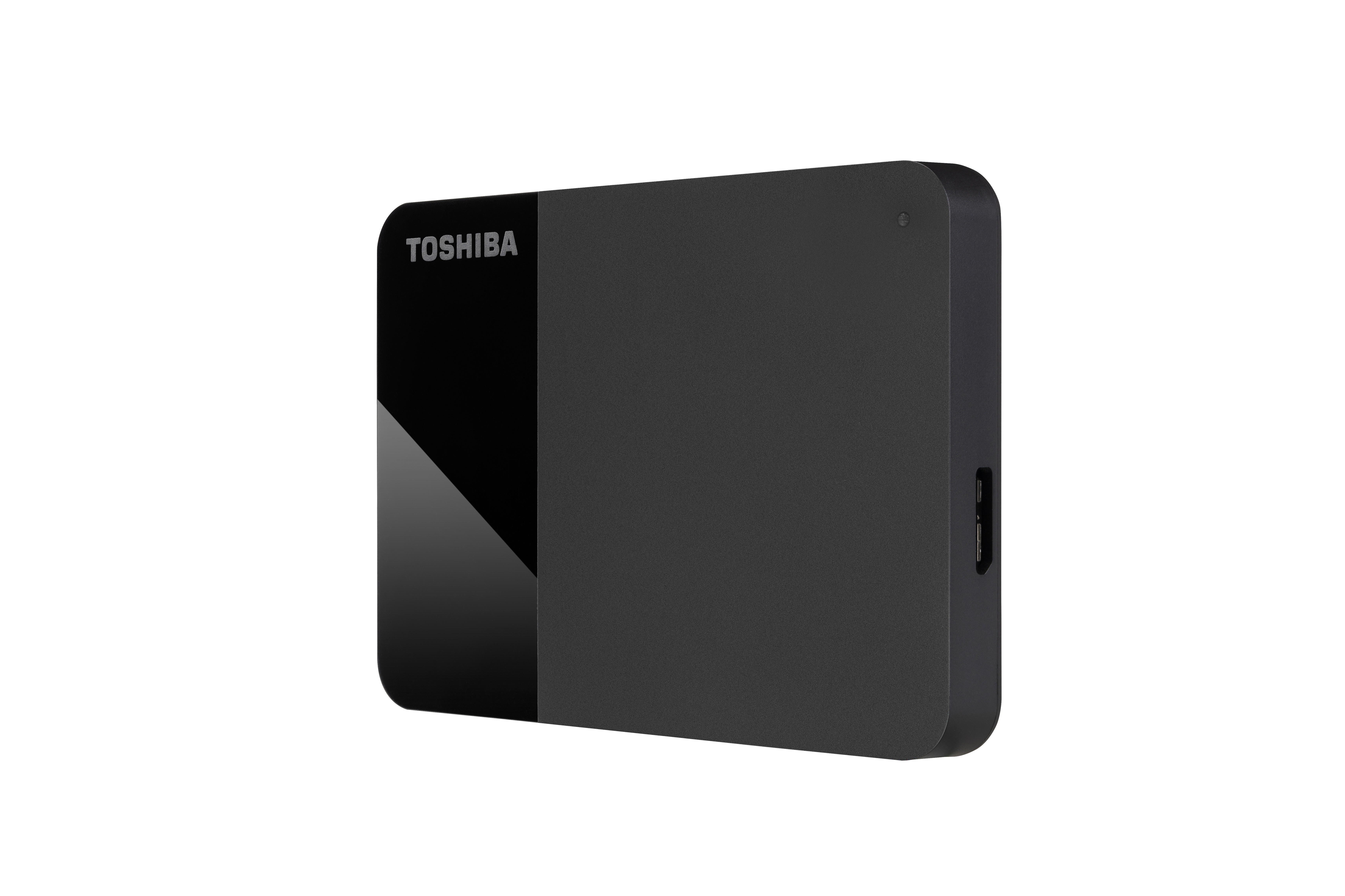 Schwarze externe Toshiba-Festplatte auf weißem Hintergrund. Zeigt den Markennamen.