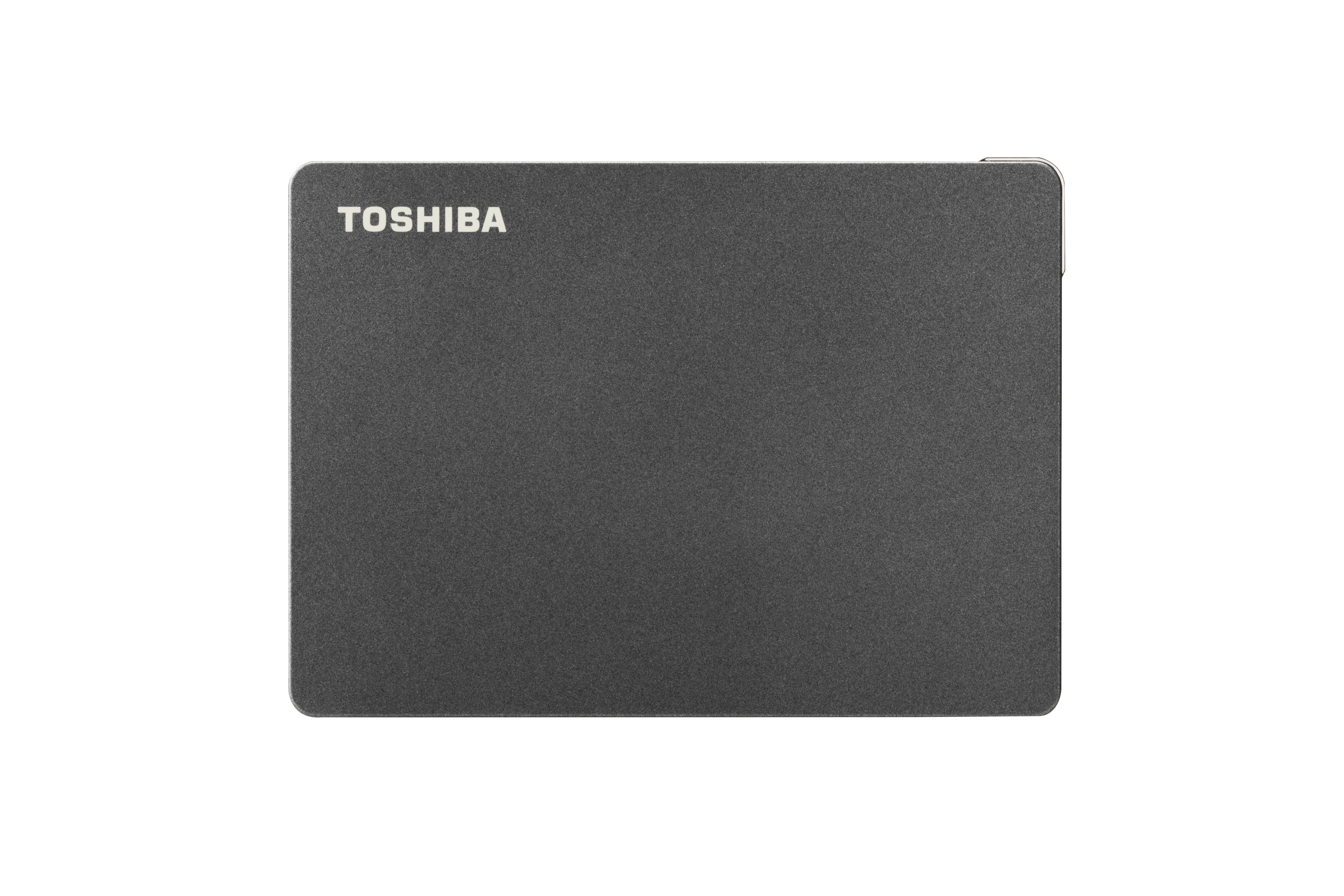 Eine Solid-State-Festplatte (SSD) in einem grauen Gehäuse mit dem Toshiba-Logo.