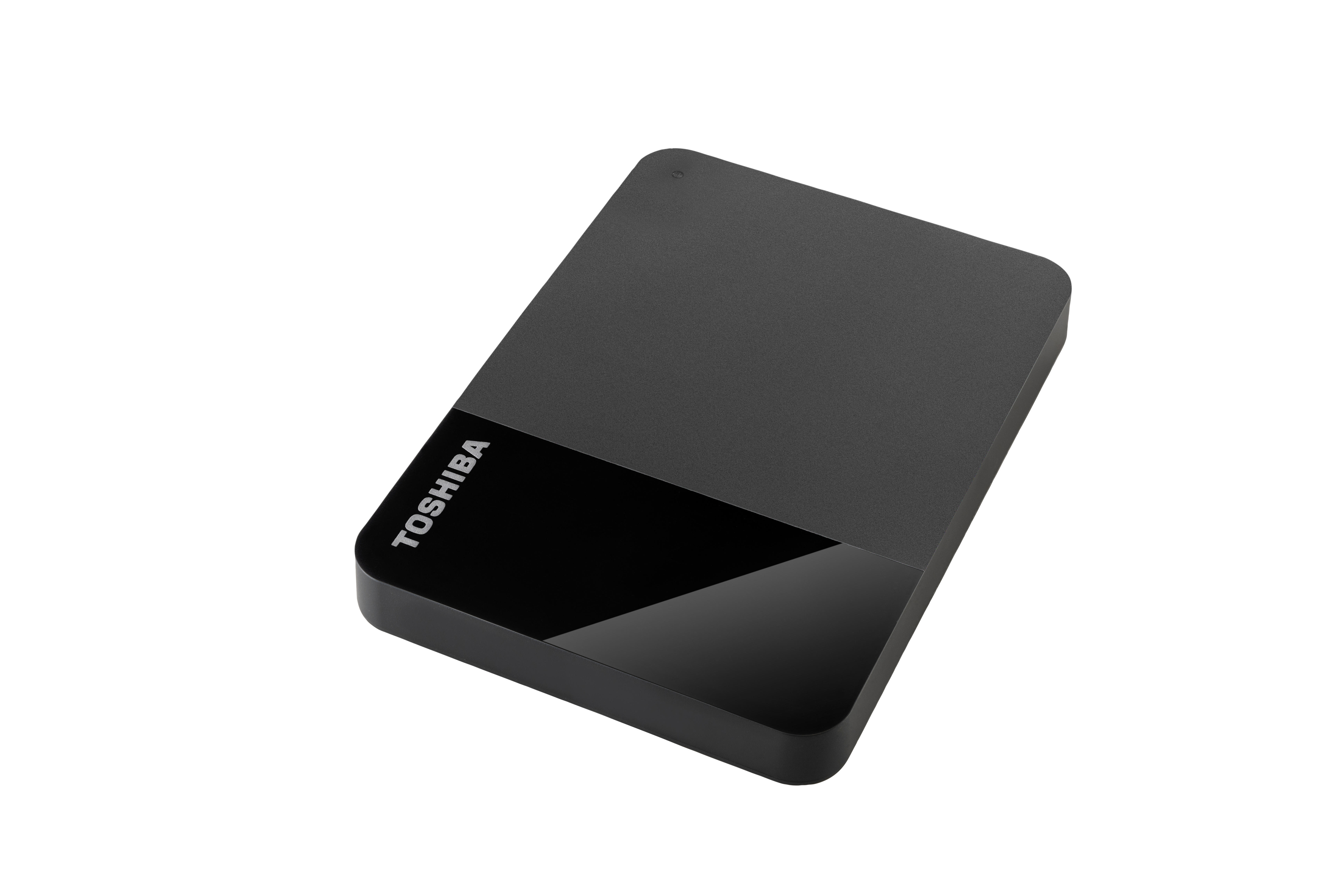 Schwarze externe Festplatte, glänzende Oberseite, Toshiba-Logo.