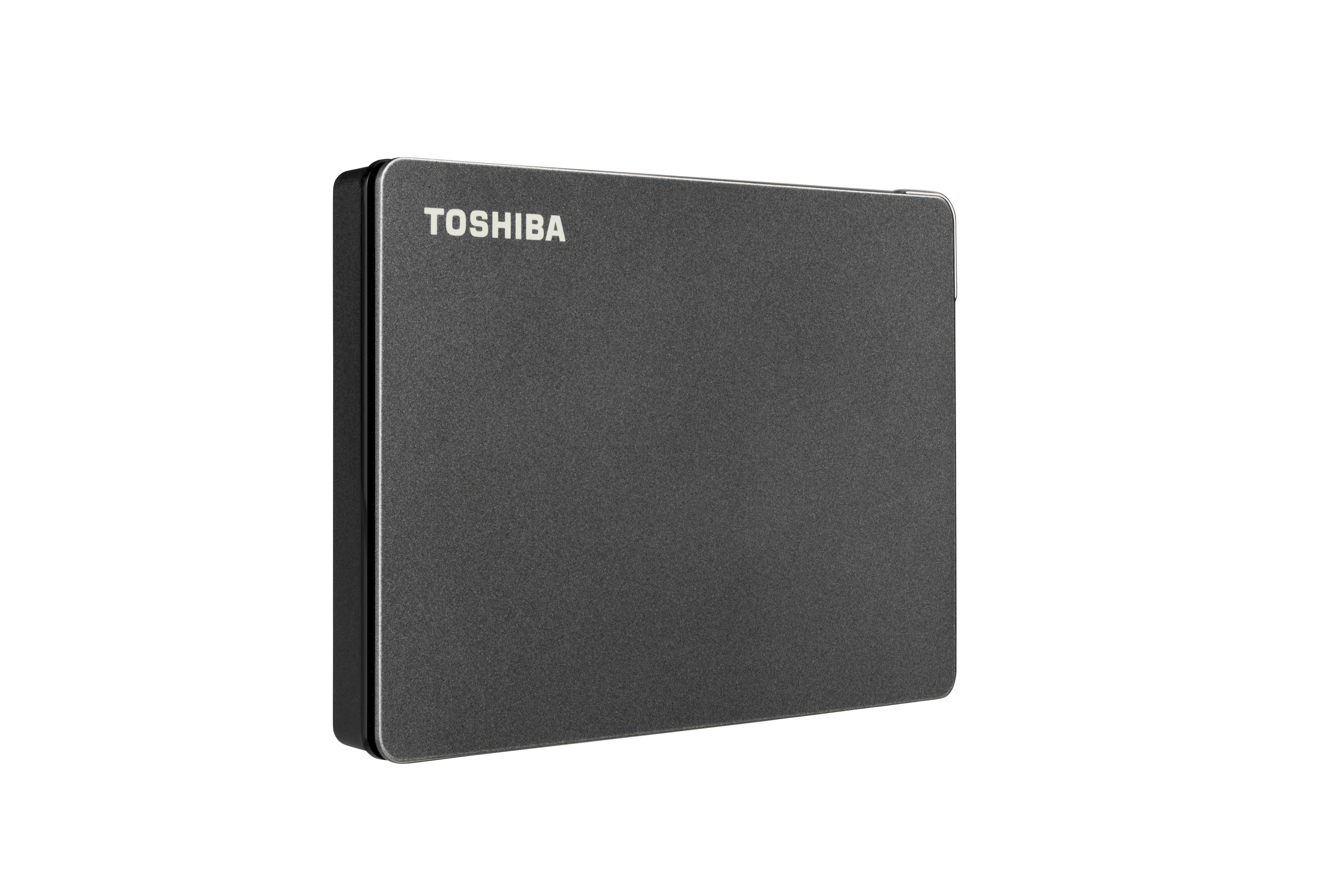 Schwarze, tragbare Festplatte mit dem Toshiba-Logo oben.