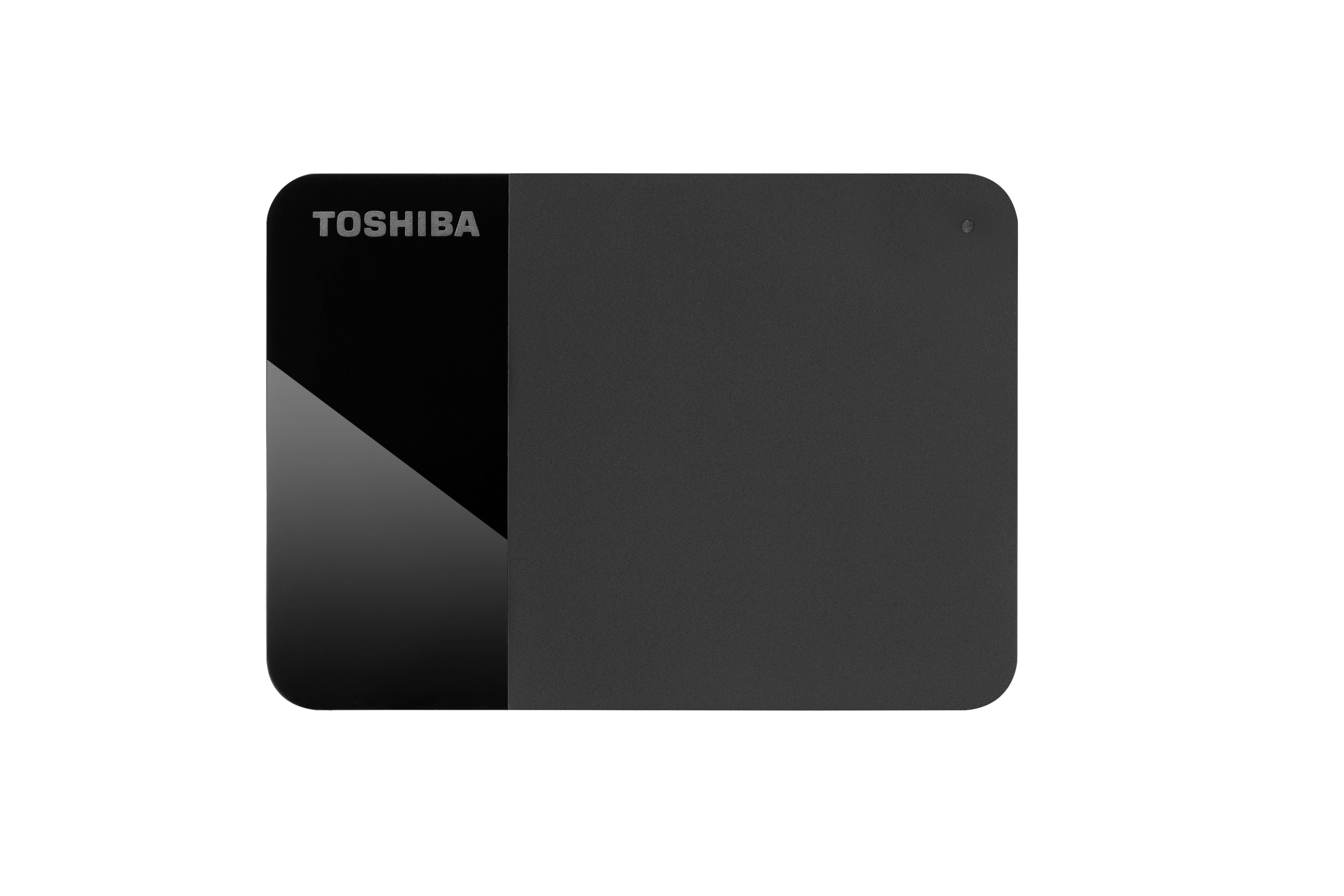 Schwarze externe Festplatte von Toshiba. Es hat eine glänzende schwarze linke obere Ecke und ein Licht rechts.