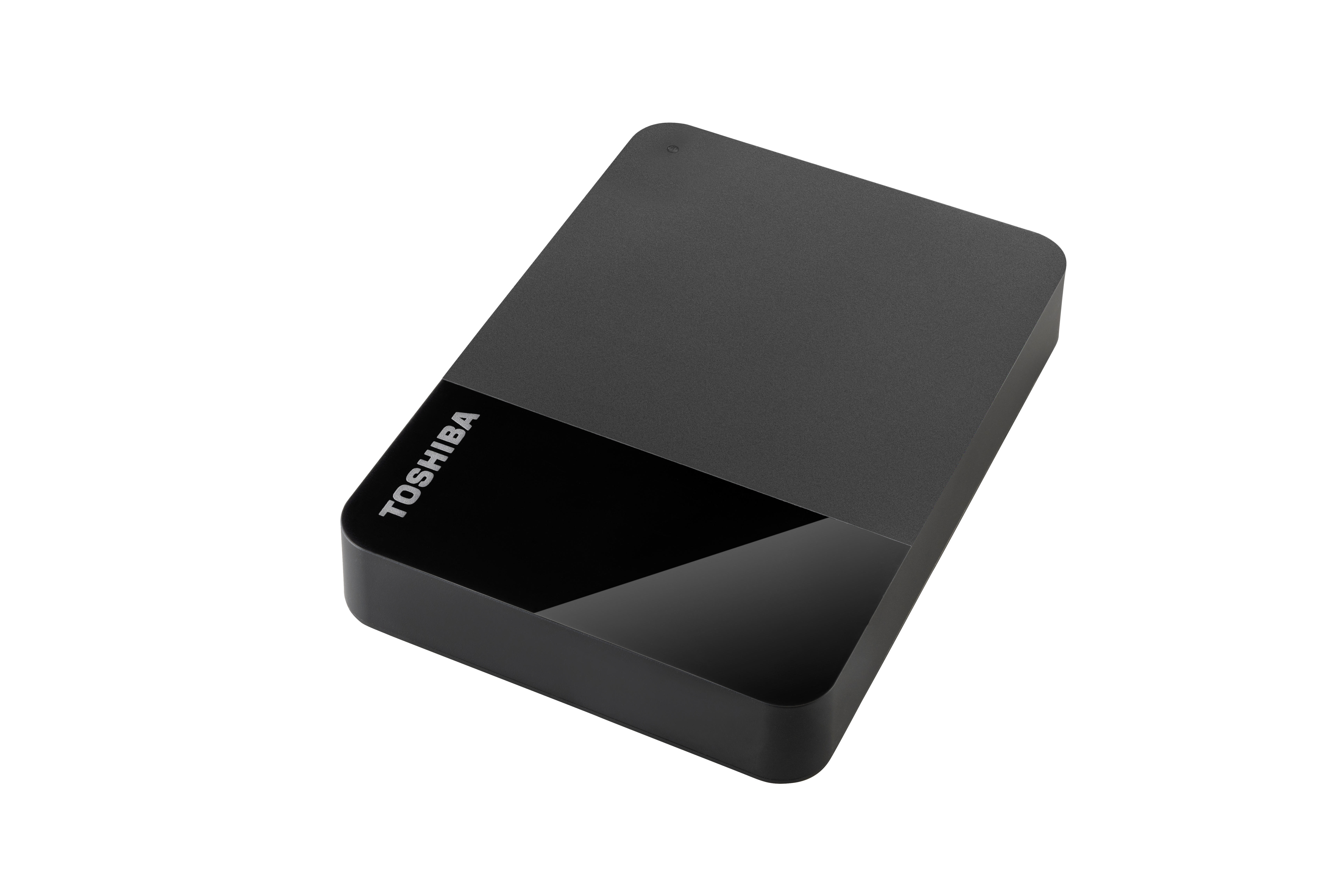 Eine schwarze externe Festplatte von Toshiba mit dem Toshiba-Logo.