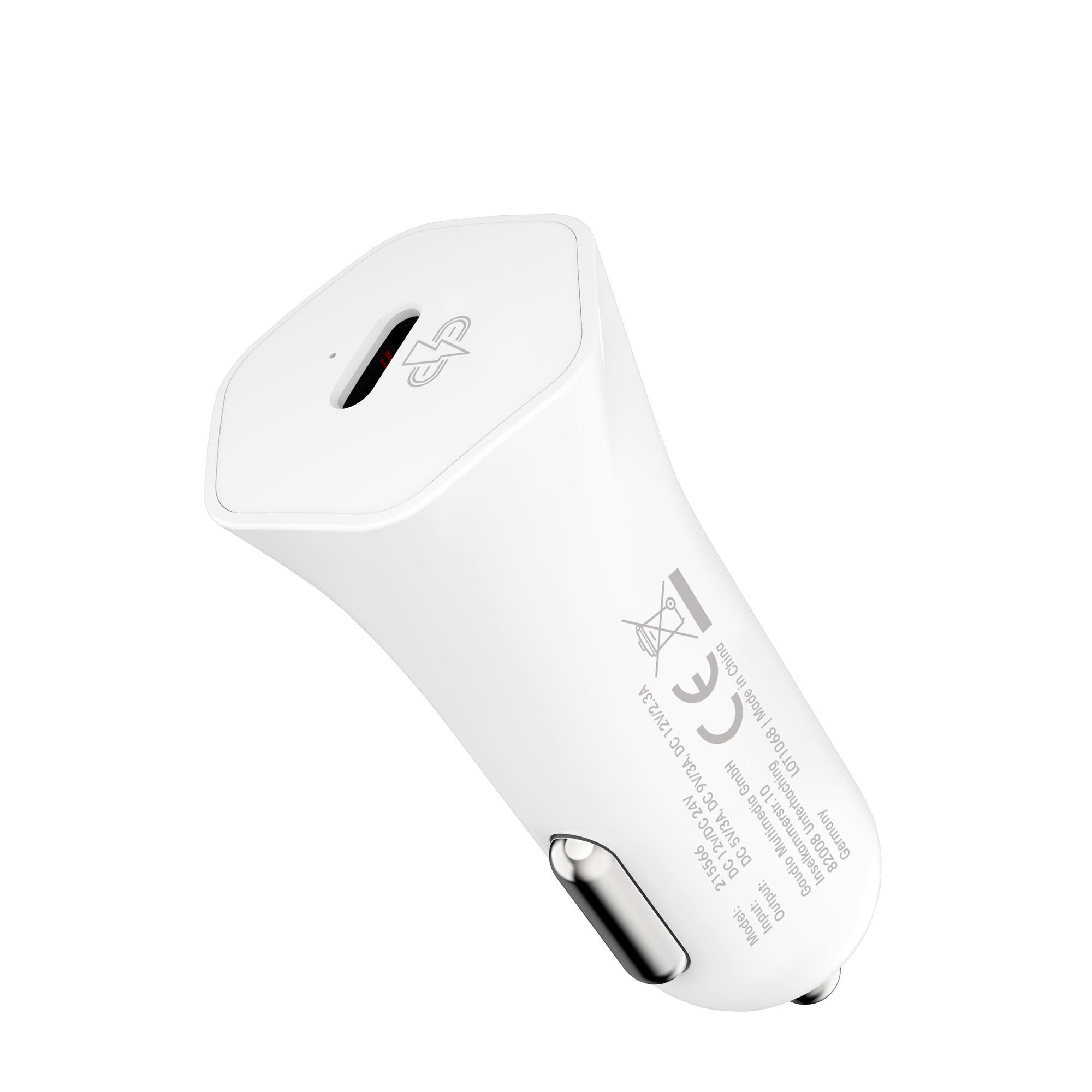 Weißes Autoladegerät mit USB-Anschluss, schräge Ansicht.