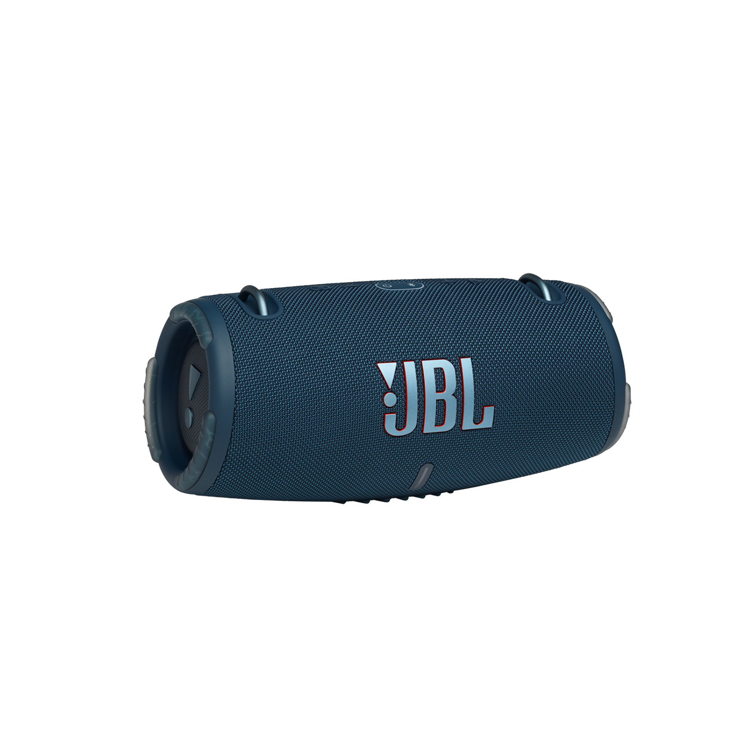Blauwe JBL-luidspreker op zwarte achtergrond. Cilindrische vorm met zilveren JBL-logo.