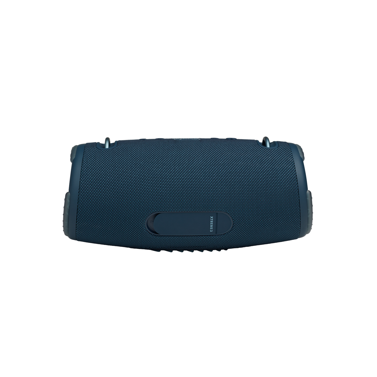 Blauwe JBL Xtreme 3-luidspreker. Zwarte accenten. Donkere achtergrond.