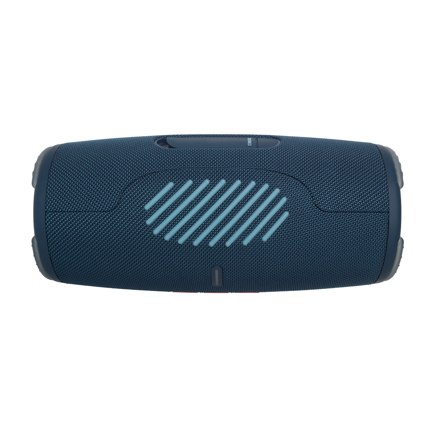 Een blauwe JBL Charge 5-luidspreker met lichtblauwe strepen op zwarte achtergrond.