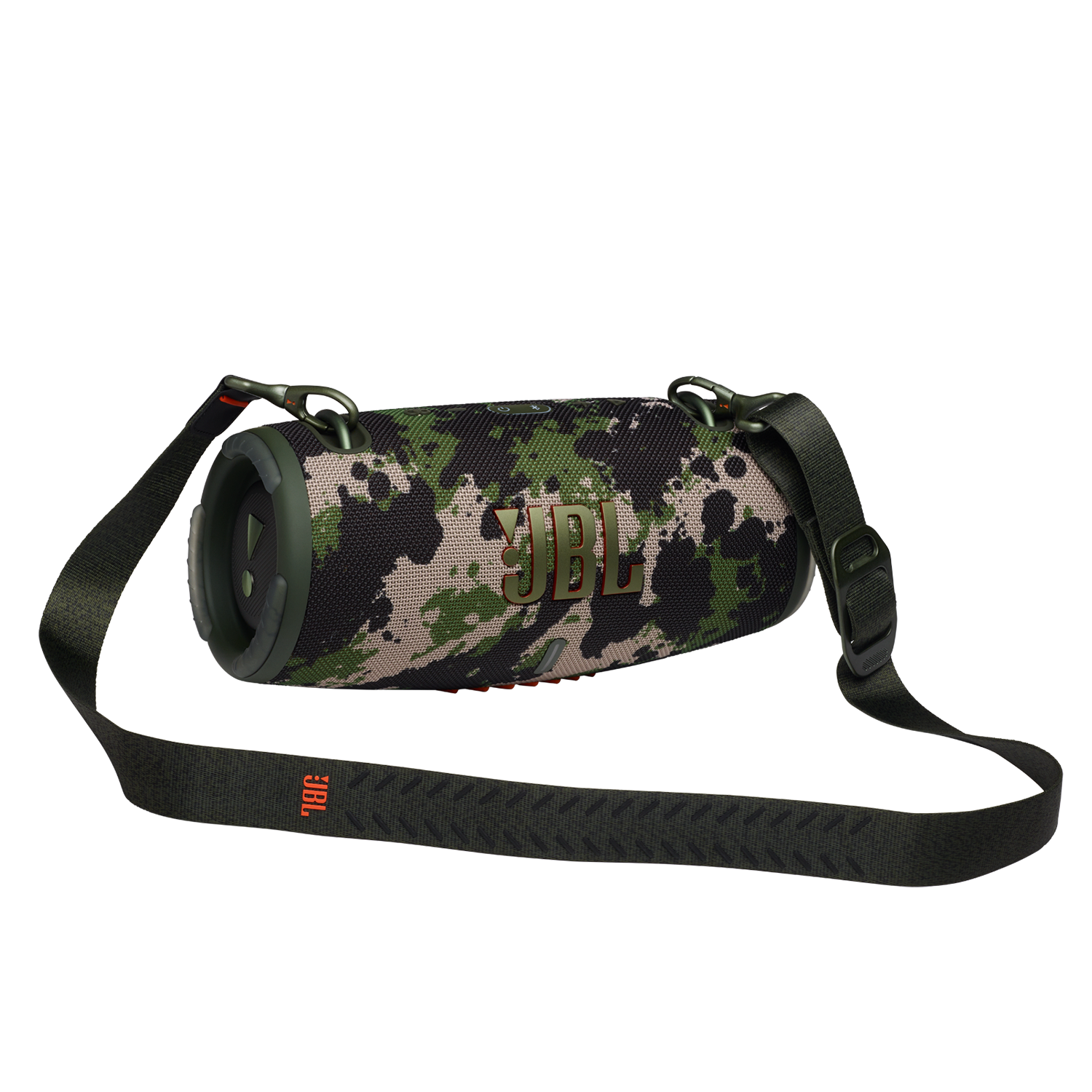 JBL Camouflage luidspreker met zwarte riem. De luidspreker heeft een cilindrische vorm en JBL-logo in oranje.