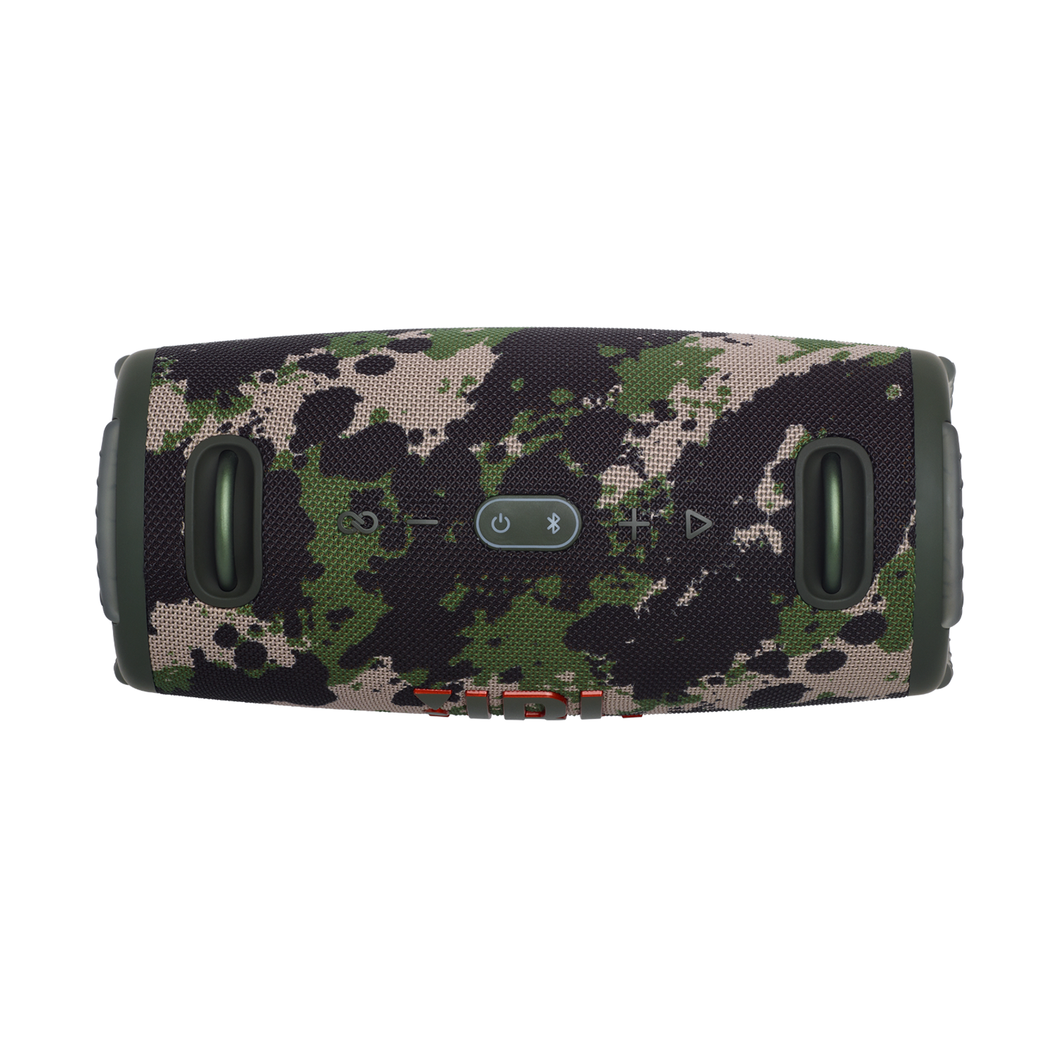 Een luidspreker met camouflagepatroon. Het heeft een aan/uit-knop en een Bluetooth-knop. Zwarte achtergrond.