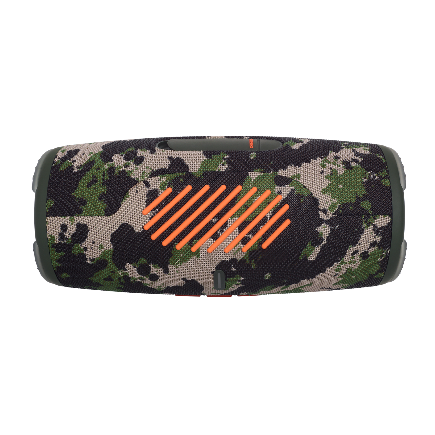Camouflage JBL-luidspreker op wit. Oranje rooster, donkergroene accenten en zwart/groen patroon.
