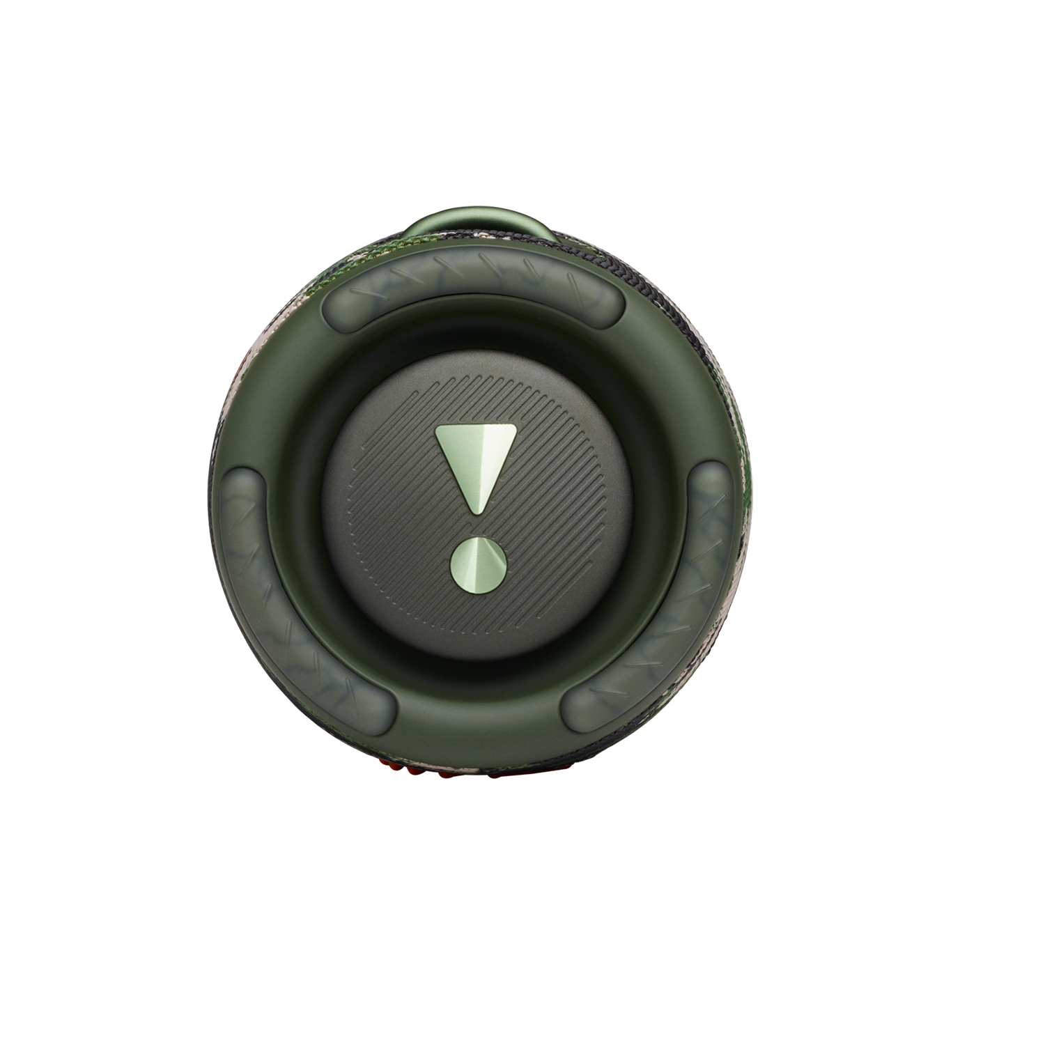 Bovenaanzicht van een zwarte JBL-luidspreker met groene accenten op een zwarte achtergrond.