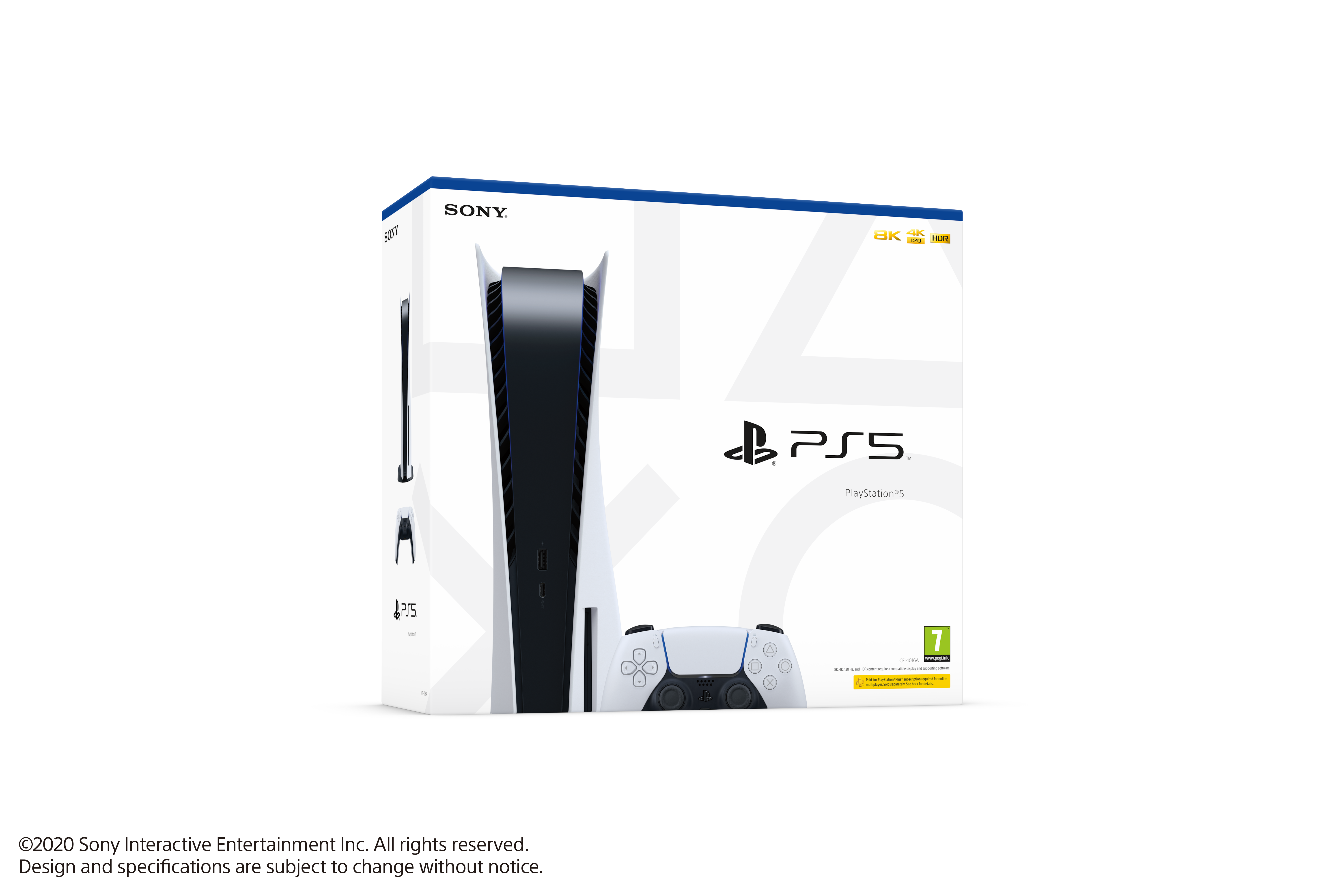 PS5 kutusu ve konsolu. Sony logolu beyaz kutu. PS5 konsolu ve kontrol cihazı da resimde.