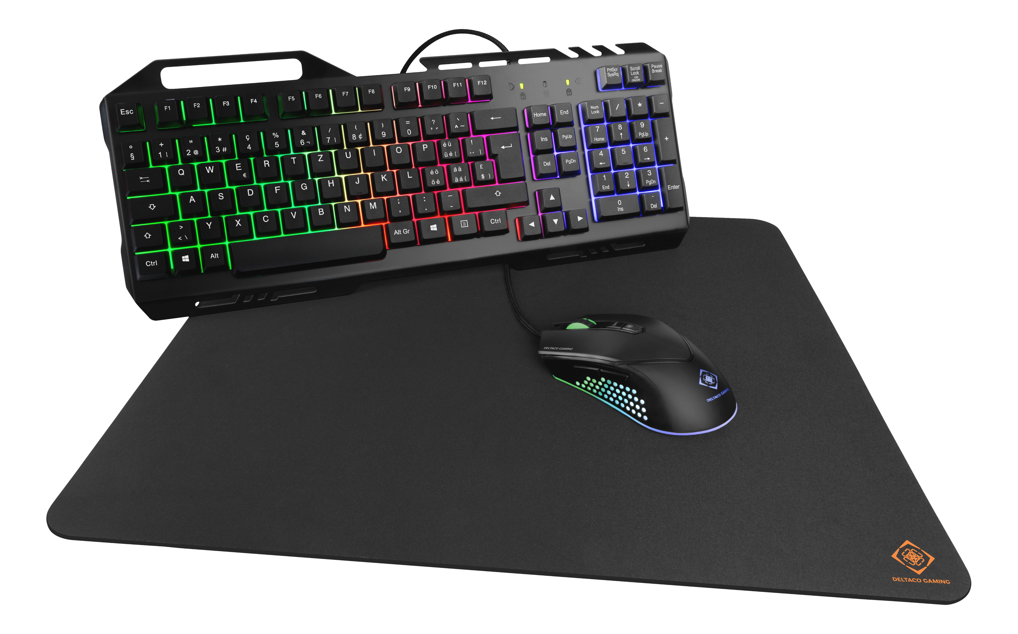Clavier de jeu avec éclairage RVB, souris et grand tapis de souris noir.