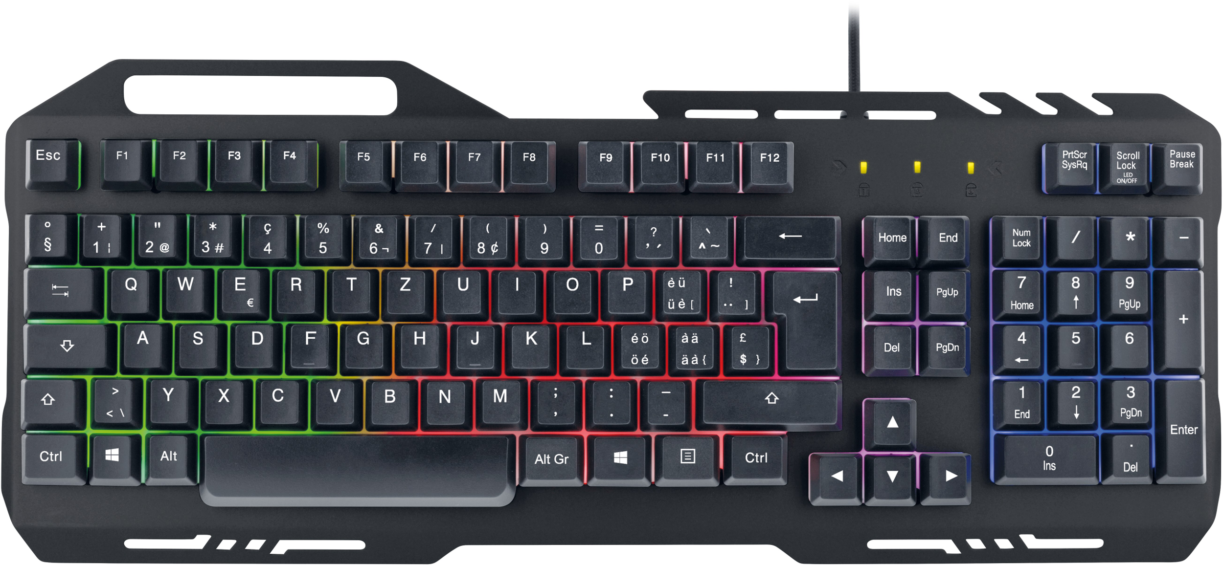 Clavier noir avec des touches aux couleurs de l'arc-en-ciel.