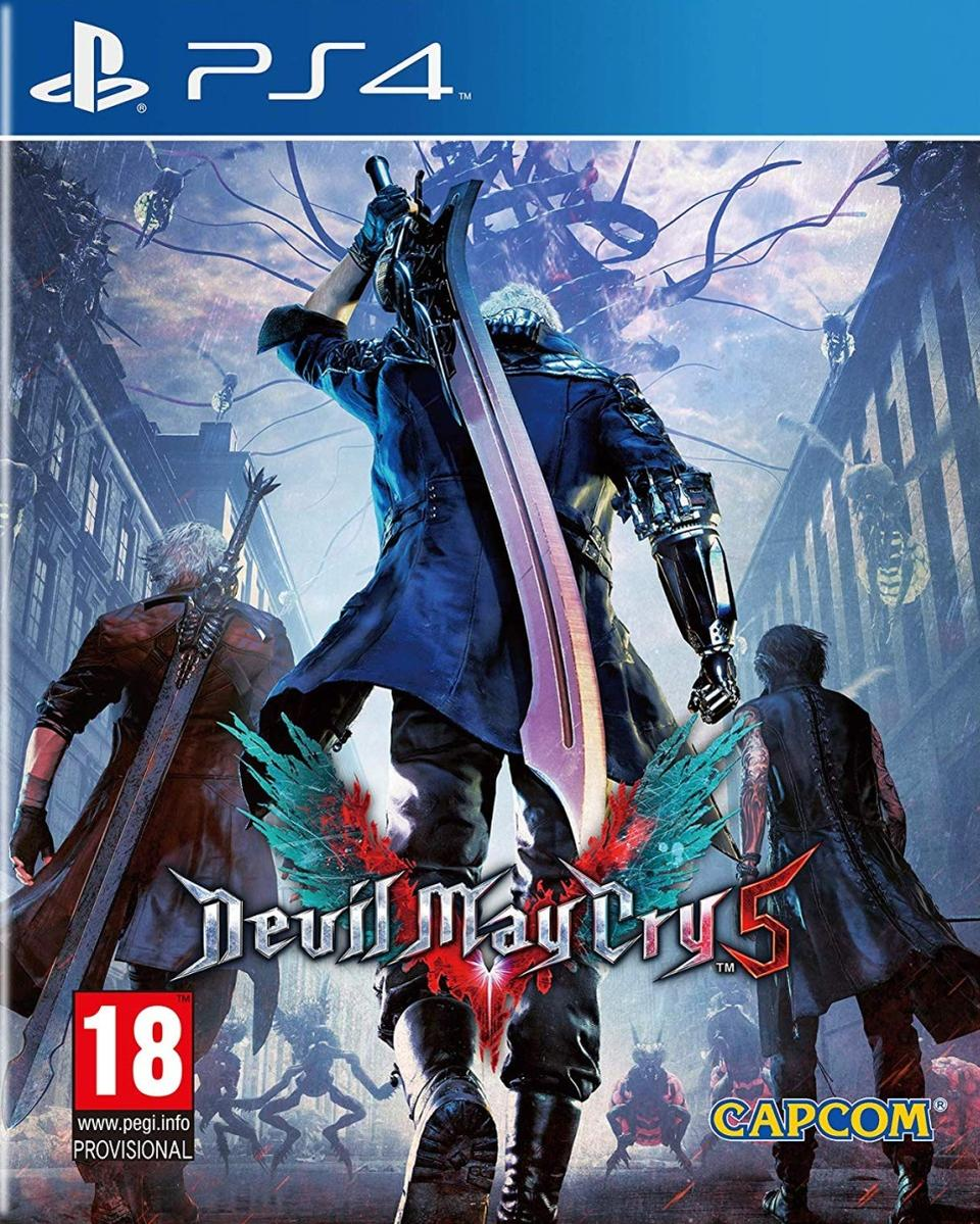 A 'Devil May Cry 5' PS4 játék borítója. Három karaktert, egy kardot és egy városi hátteret mutat.
