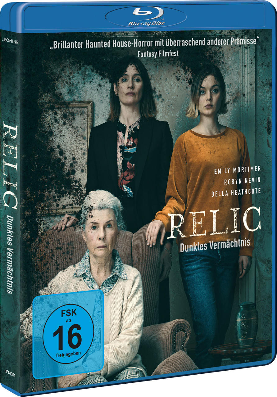 Blu-ray-Cover: Drei Frauen, Filmtitel 'Relic'. Dunkler, gruseliger Hintergrund.