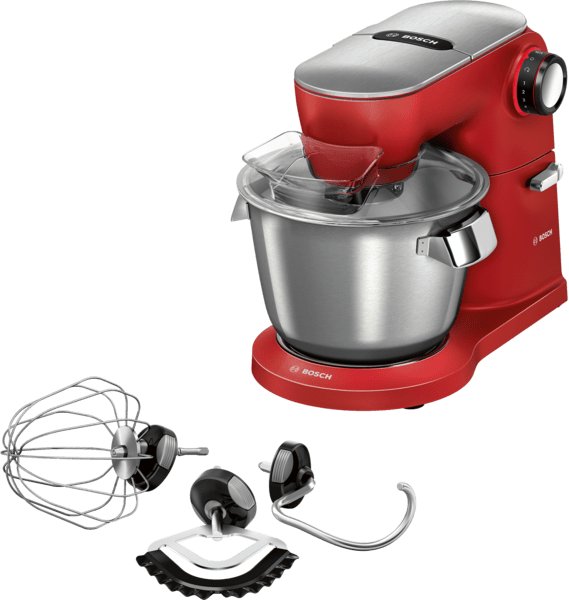 Roter Bosch Küchenmixer mit Aufsätzen auf grünem Hintergrund.