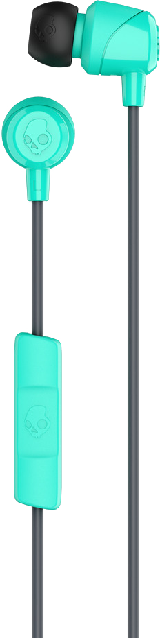 Egy pár türkizkék Skullcandy fülhallgató szürke kábellel. A logó látható a füleken.