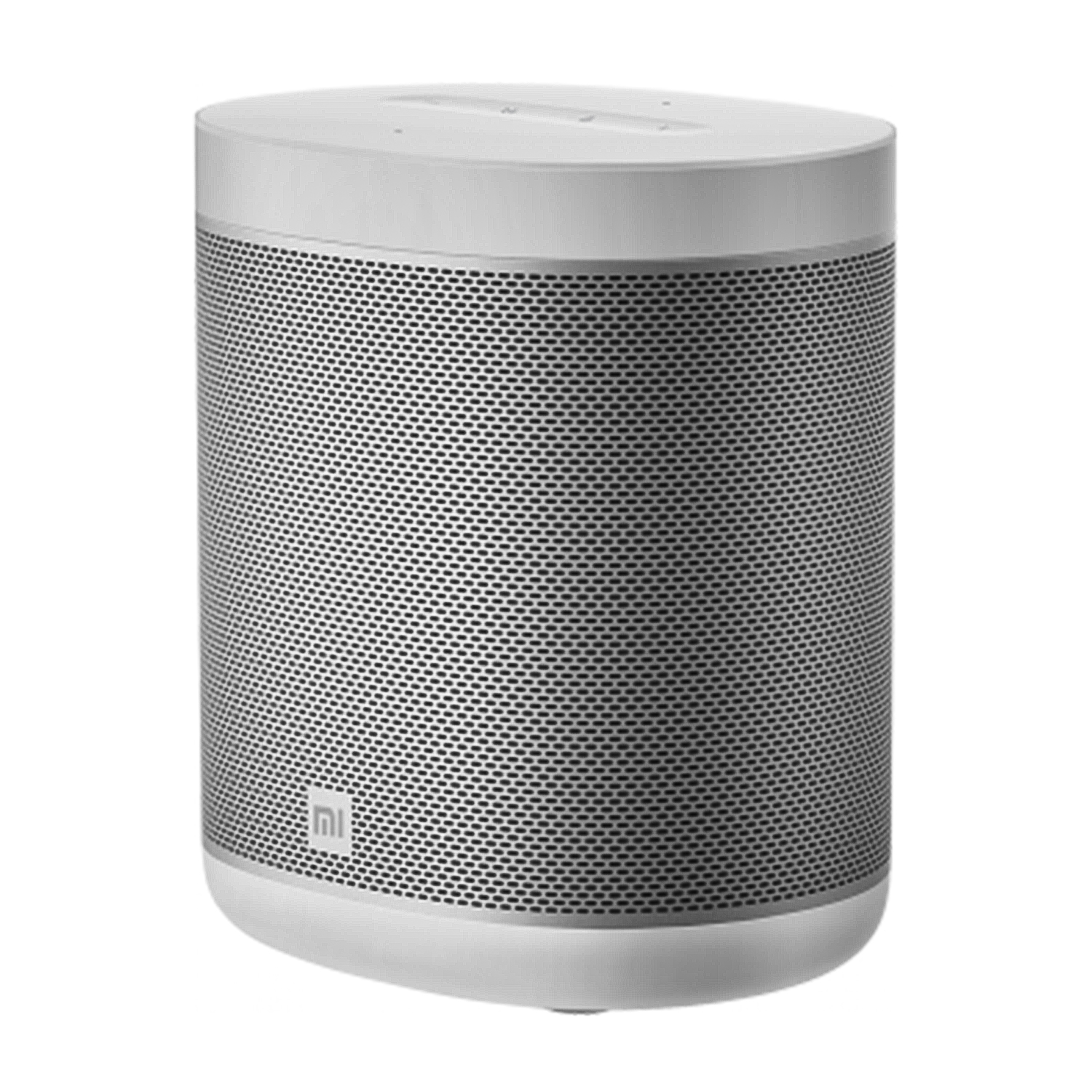 Un altavoz cilíndrico blanco con superficie de malla y un logotipo pequeño.