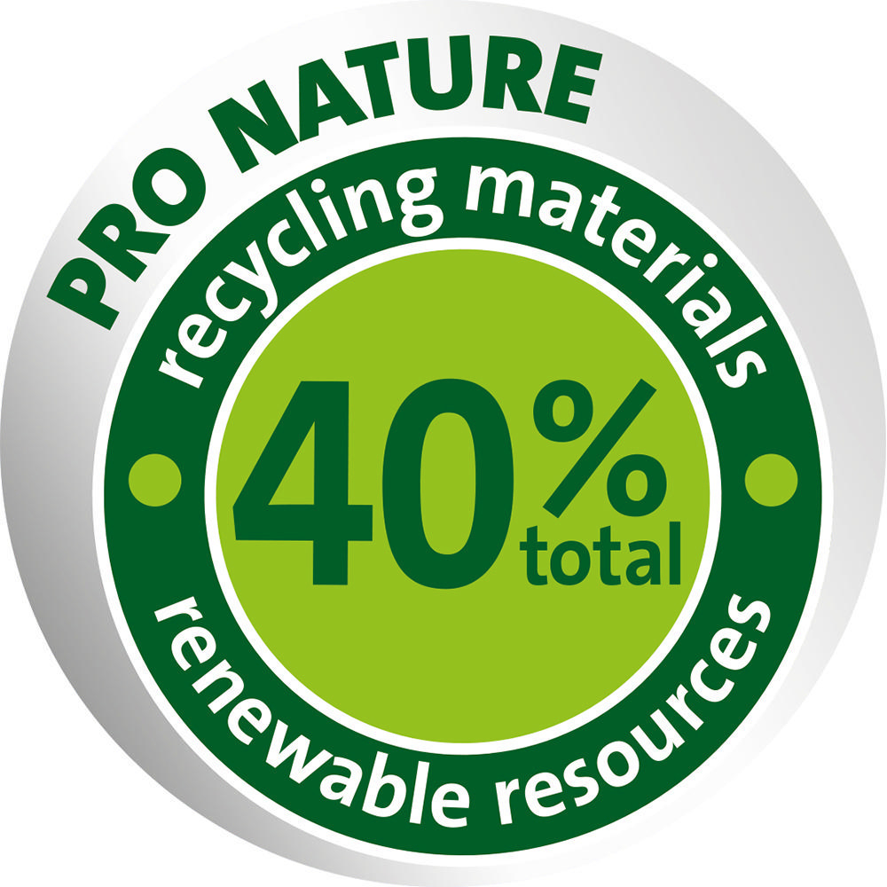Kreisförmige Grafik mit Text: 'PRO NATURE Recyclingmaterialien 40 % gesamt erneuerbare Ressourcen'.