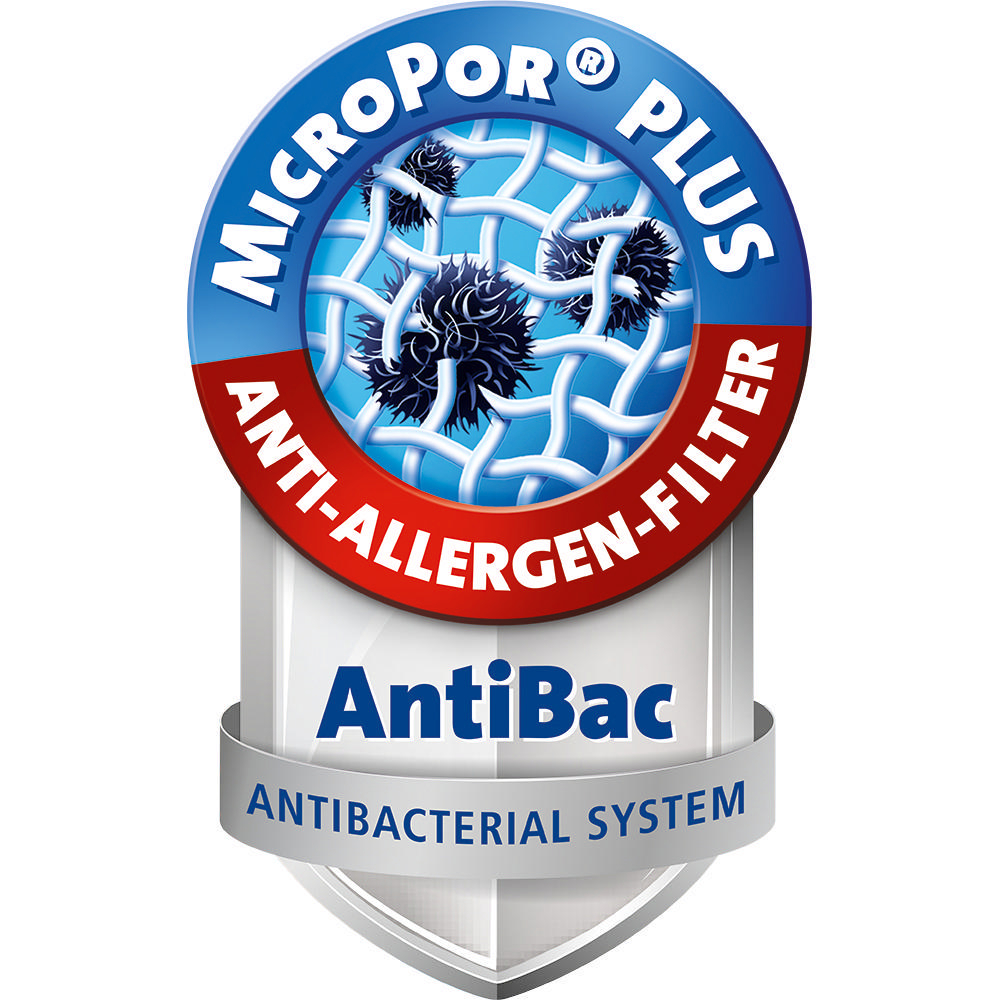 Ein rundes Emblem mit 'MicroPor Plus' und 'Anti-Allergen-Filter' sowie einem 'AntiBac'-Schild.