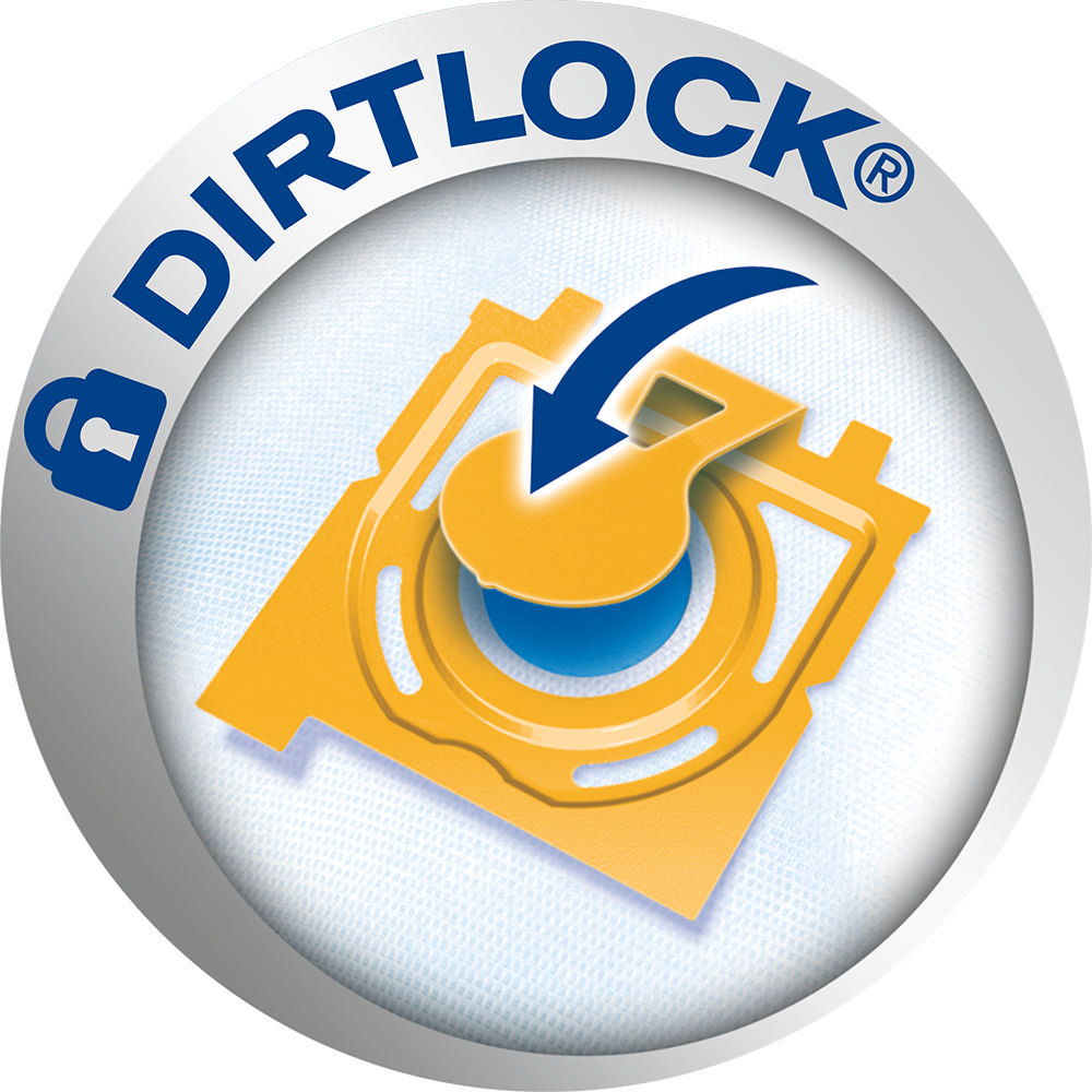 Nahaufnahme eines Dirtlock-Staubsaugerbeutels. Es ist ein gelb-blaues Design mit einem Schloss-Symbol.