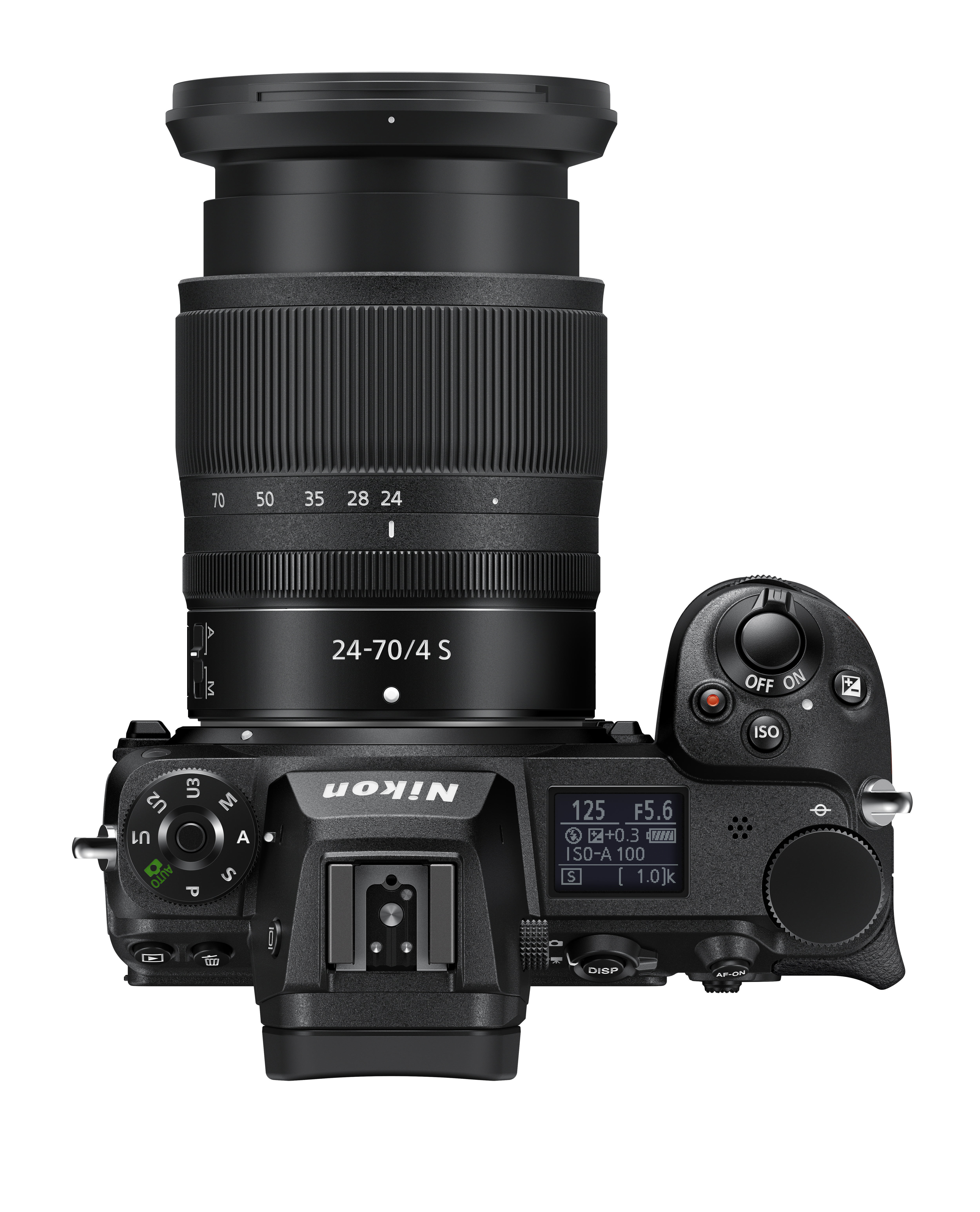 Schwarze Nikon-Kamera mit 24-70 mm Objektiv. Draufsicht. Schwarze Knöpfe und ein kleiner Bildschirm sind sichtbar.