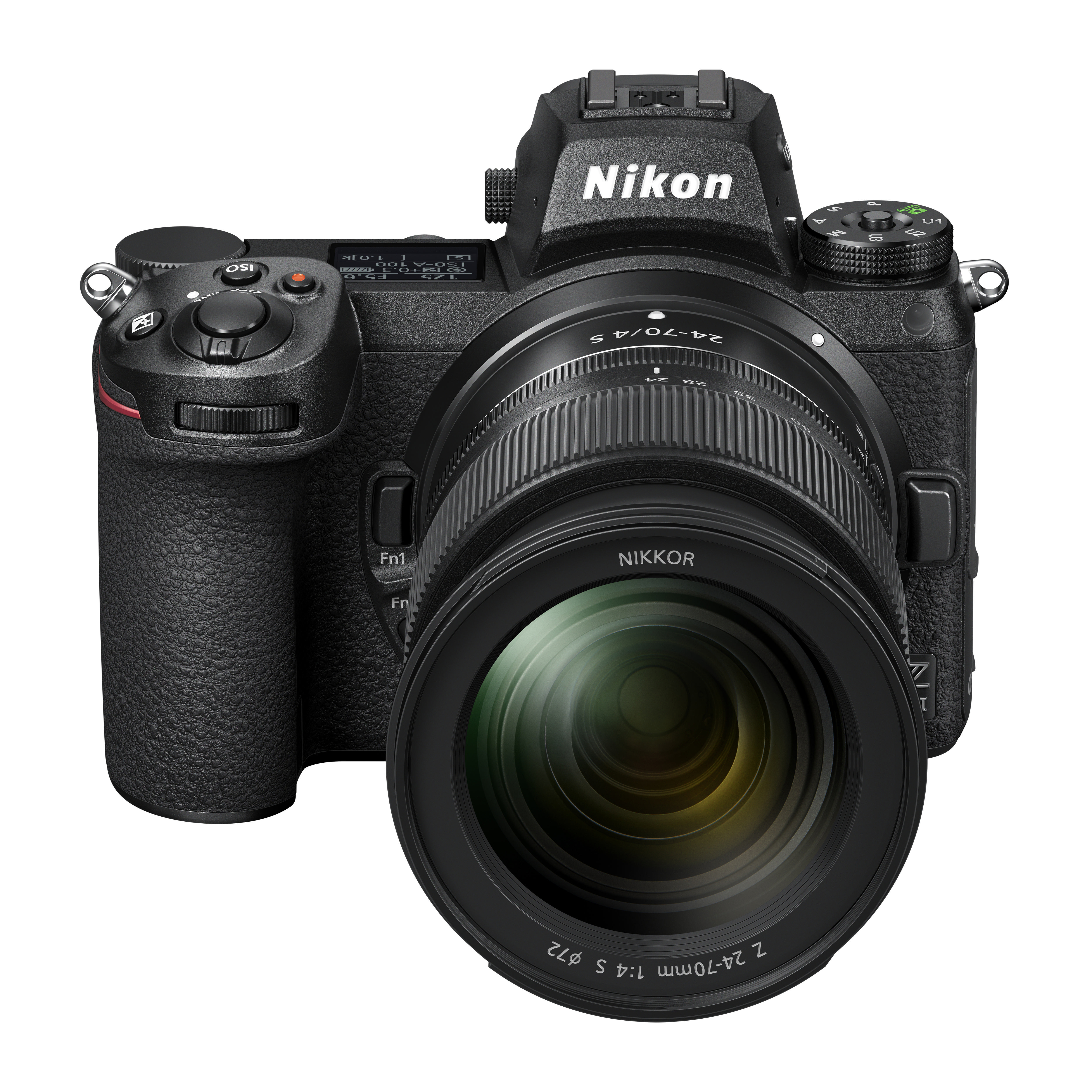 Schwarze Nikon Kamera mit Objektiv. Das Objektiv hat die Aufschrift 24-70/4 S und Z 70-4 S.