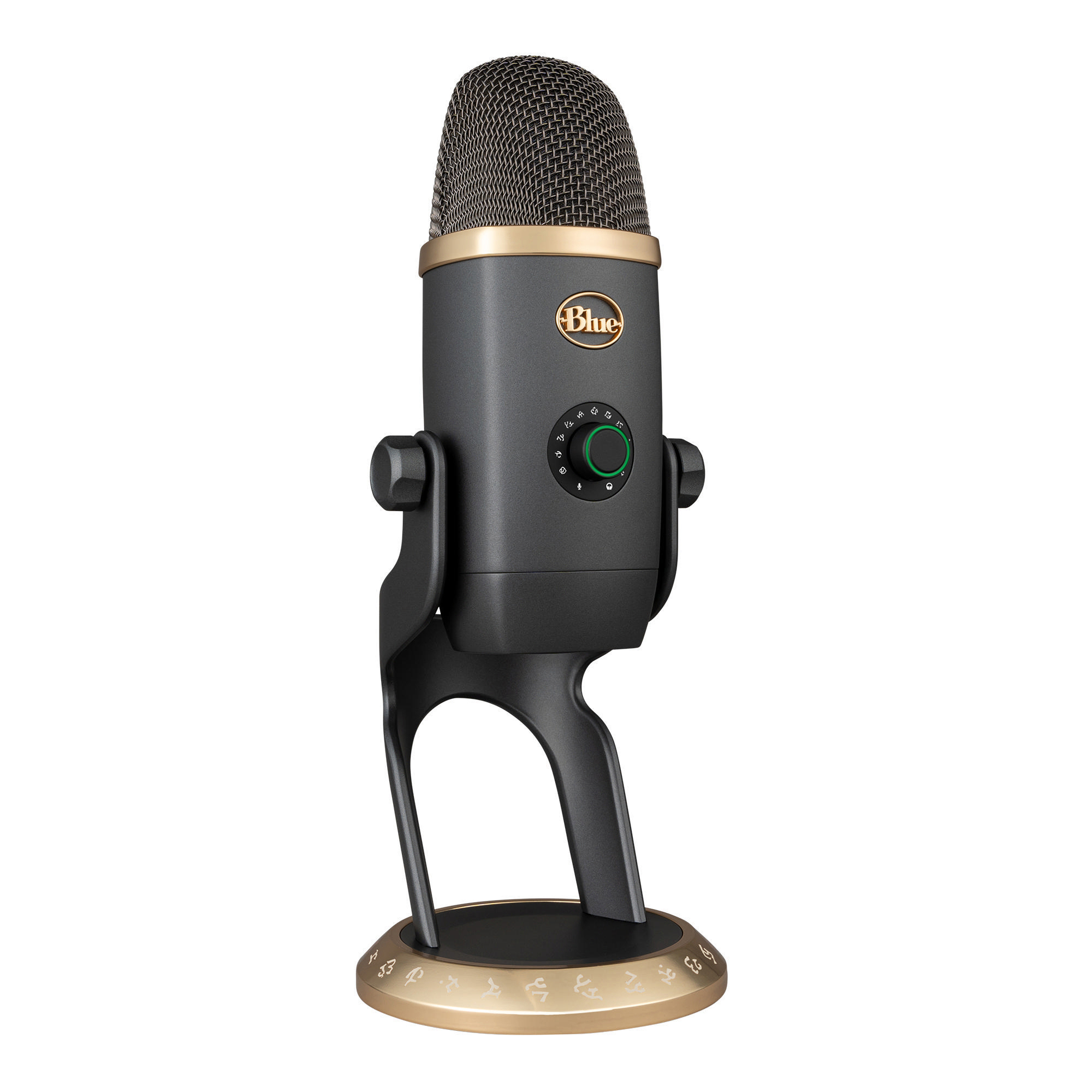 Blue Yeti USB-Mikrofon auf einem Ständer.