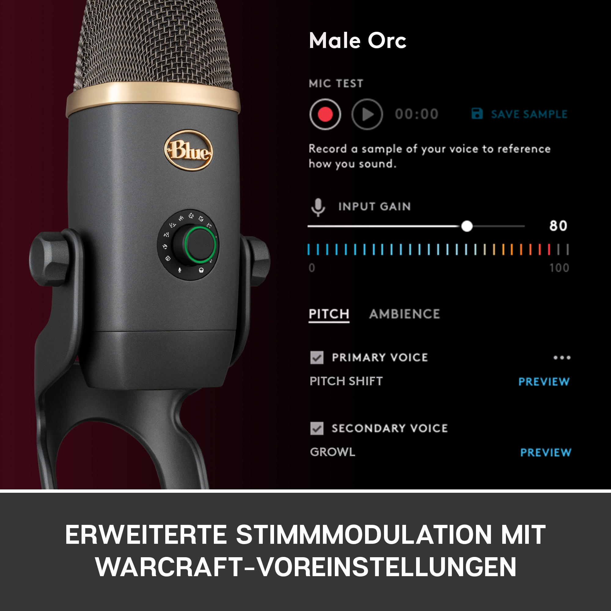 Blaues Mikrofon mit goldener Oberseite und Bildschirm mit Audioeinstellungen.