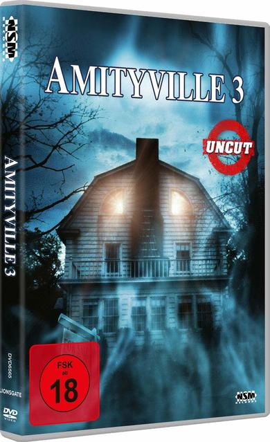 Amityville 3 DVD-Hülle mit einem Spukhaus, einem roten Kreis und einem dunkelblauen Himmel.