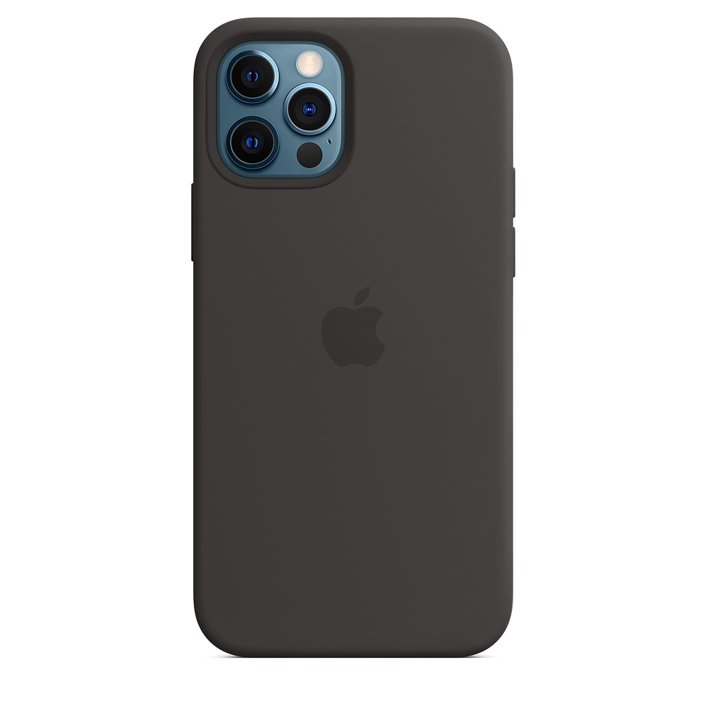Schwarze Handyhülle mit Apple-Logo und Kameramodul. Die Hülle bedeckt Rückseite und Seiten.