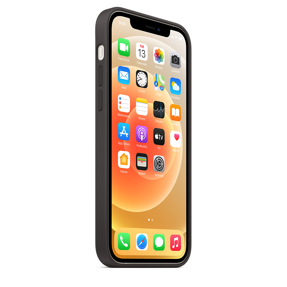 Ein iPhone in einer schwarzen Hülle, Vorderansicht, zeigt den Startbildschirm mit verschiedenen App-Symbolen.
