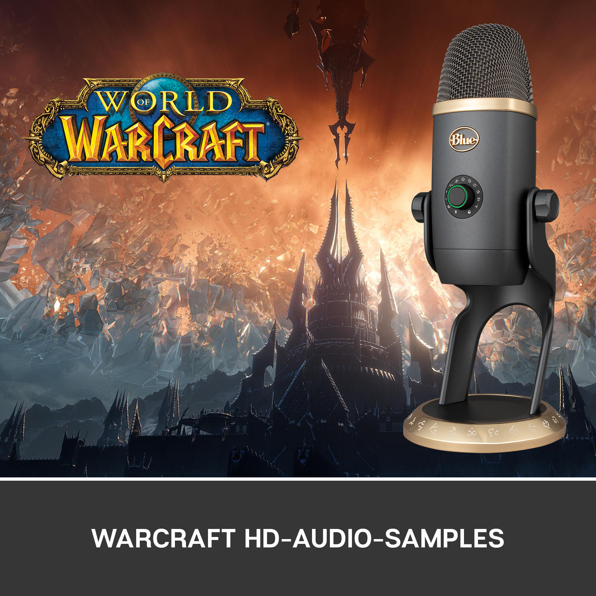 Schwarzes und goldenes Mikrofon auf einem Ständer, vor einem Warcraft-Hintergrund.