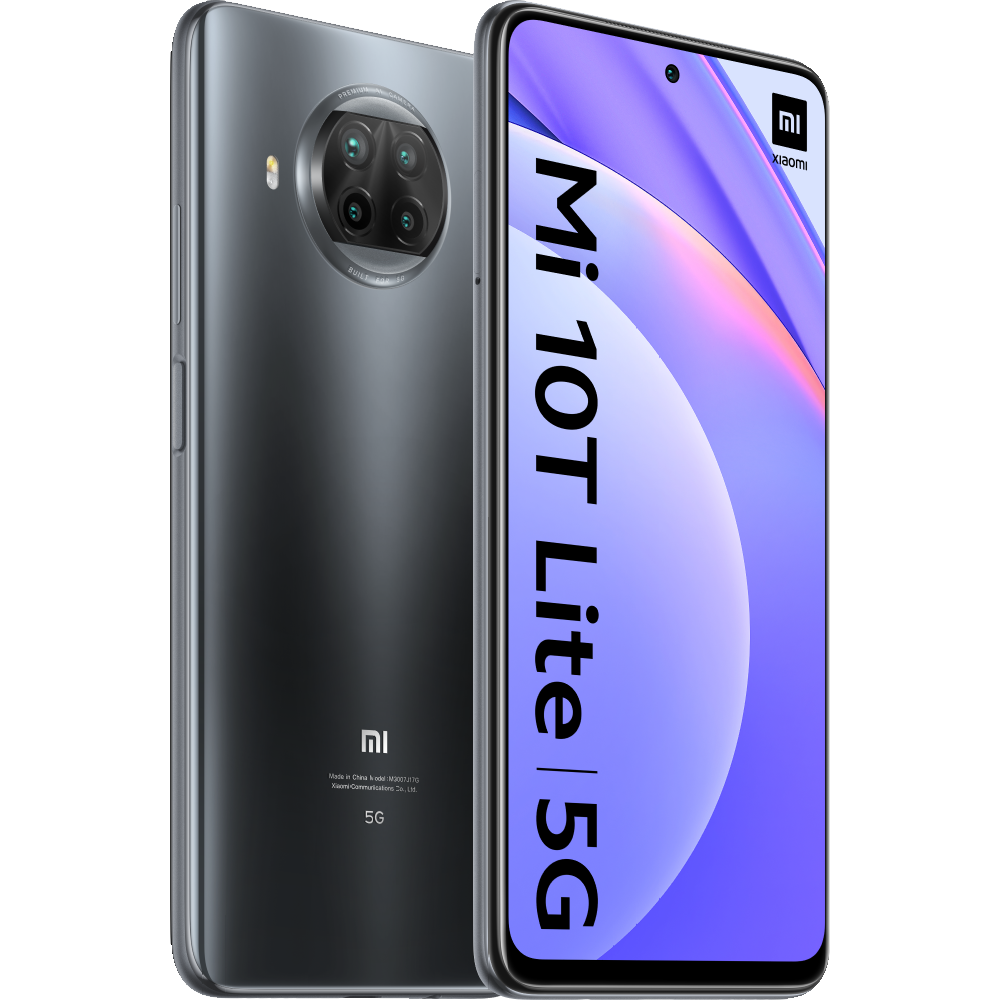 Teléfono negro y gris con cuatro cámaras. La pantalla muestra el texto 'Mi 10T Lite 5G'.