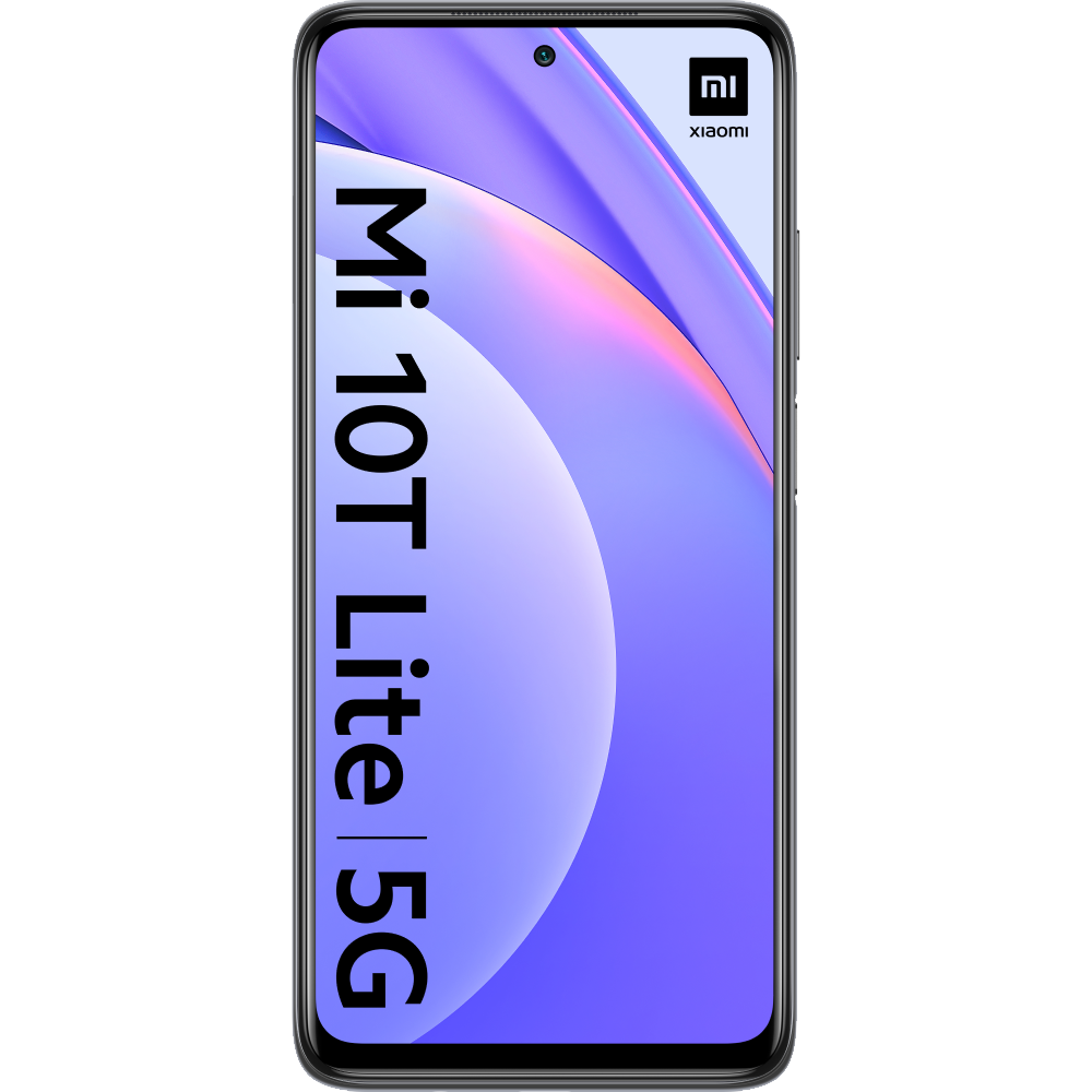 Teléfono negro Xiaomi Mi 10T Lite 5G, pantalla encendida, fondo blanco.