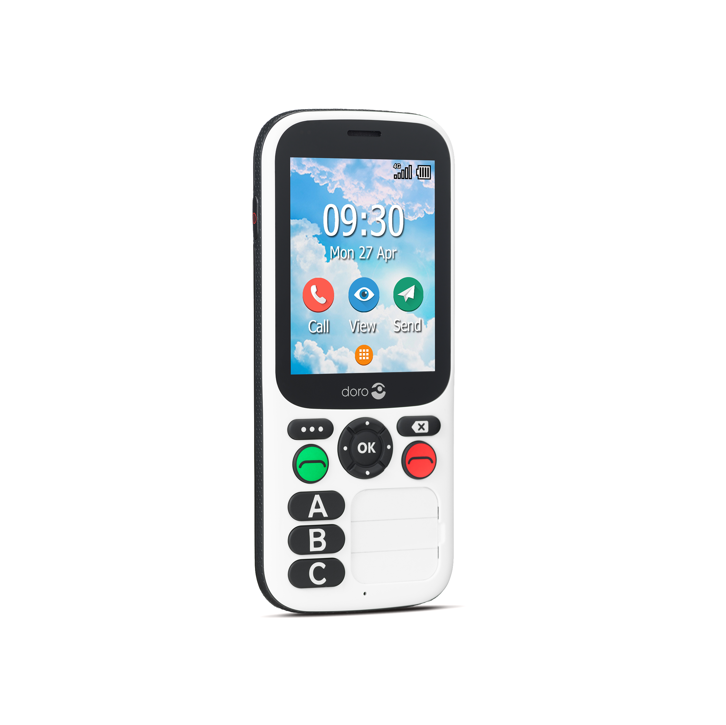 Weißes und schwarzes Mobiltelefon mit großen Tasten und einem Bildschirm.