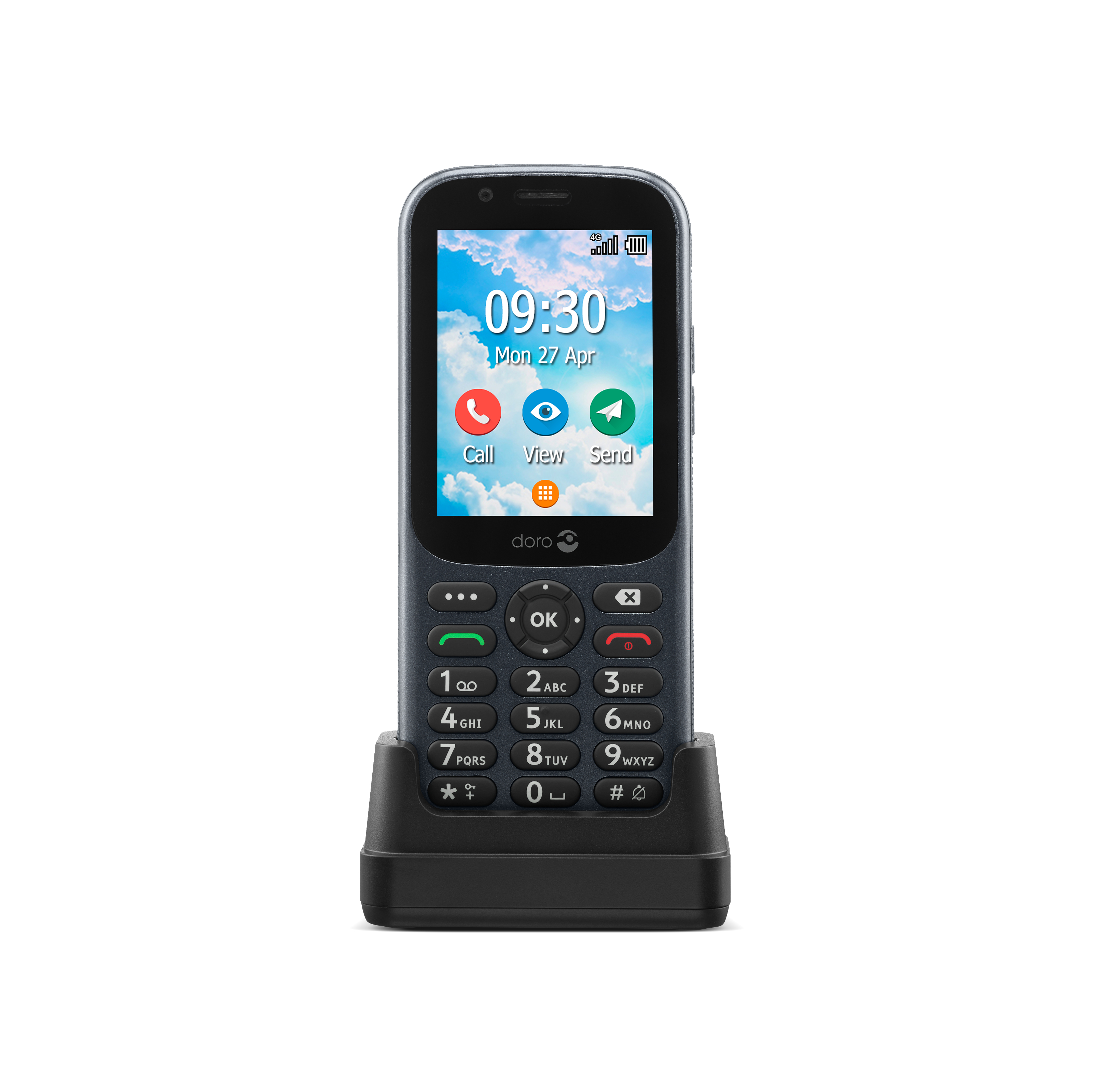 Ein schwarzes Doro-Mobiltelefon auf seiner Ladestation, mit Zeitanzeige.